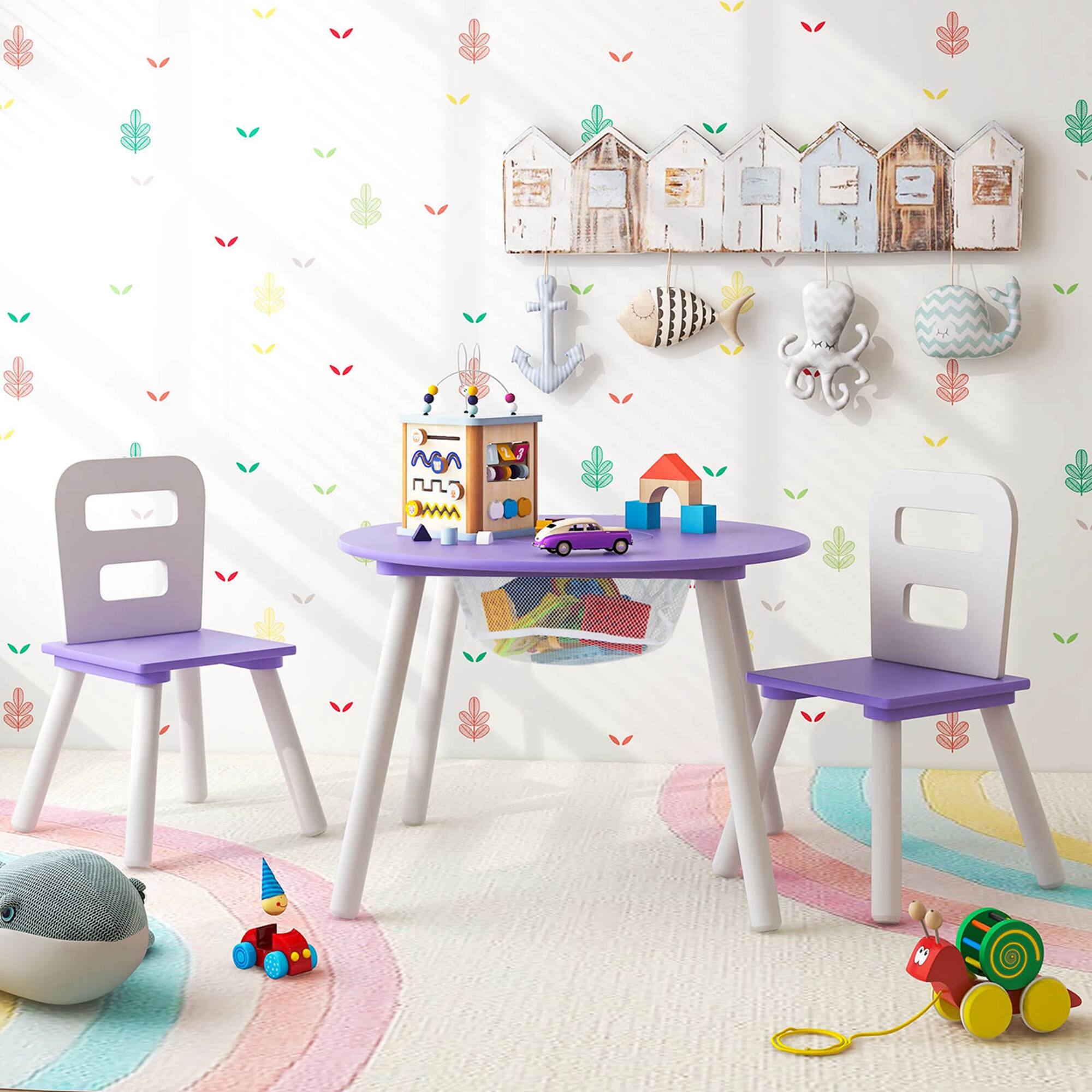 Alt View 4. Costway - Costway Kids Wooden Round Table & 2 Chair Set w/ Center Mesh Storage - Purple.