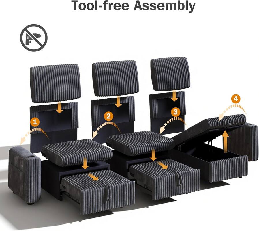Tool-free Assembly

1. Place the seat cushion on the base.
2. Attach the backrest to the seat cushion.
3. Attach the headrest to the backrest.
4. Attach the armrests to the sides.