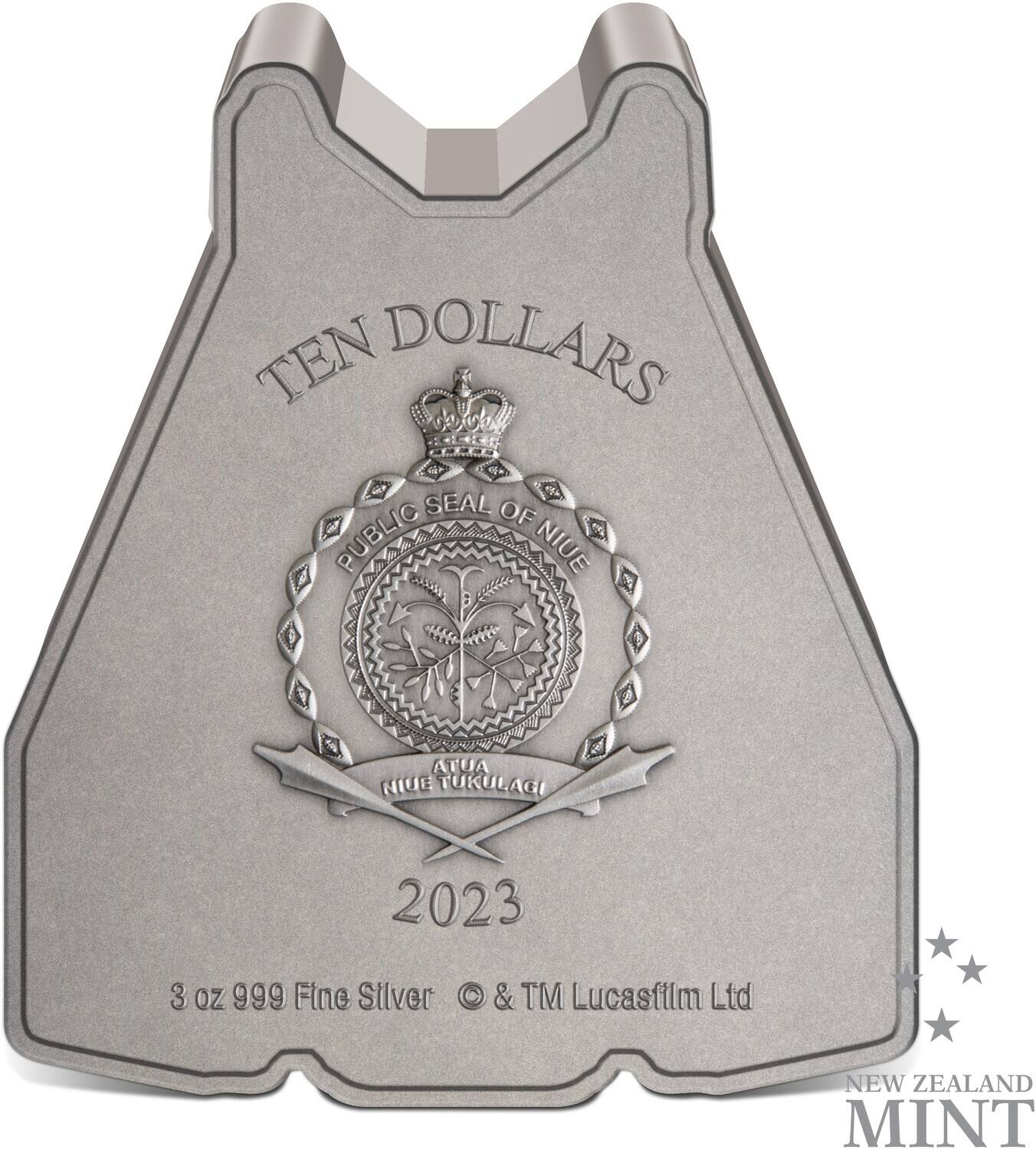 TEN DOLLARS  
PUBLIC SEAL OF NIUE  
ATUA NIUE TUKULAGI  
2023  
3 oz 999 Fine Silver  
© & TM Lucasfilm Ltd  
NEW ZEALAND MINT