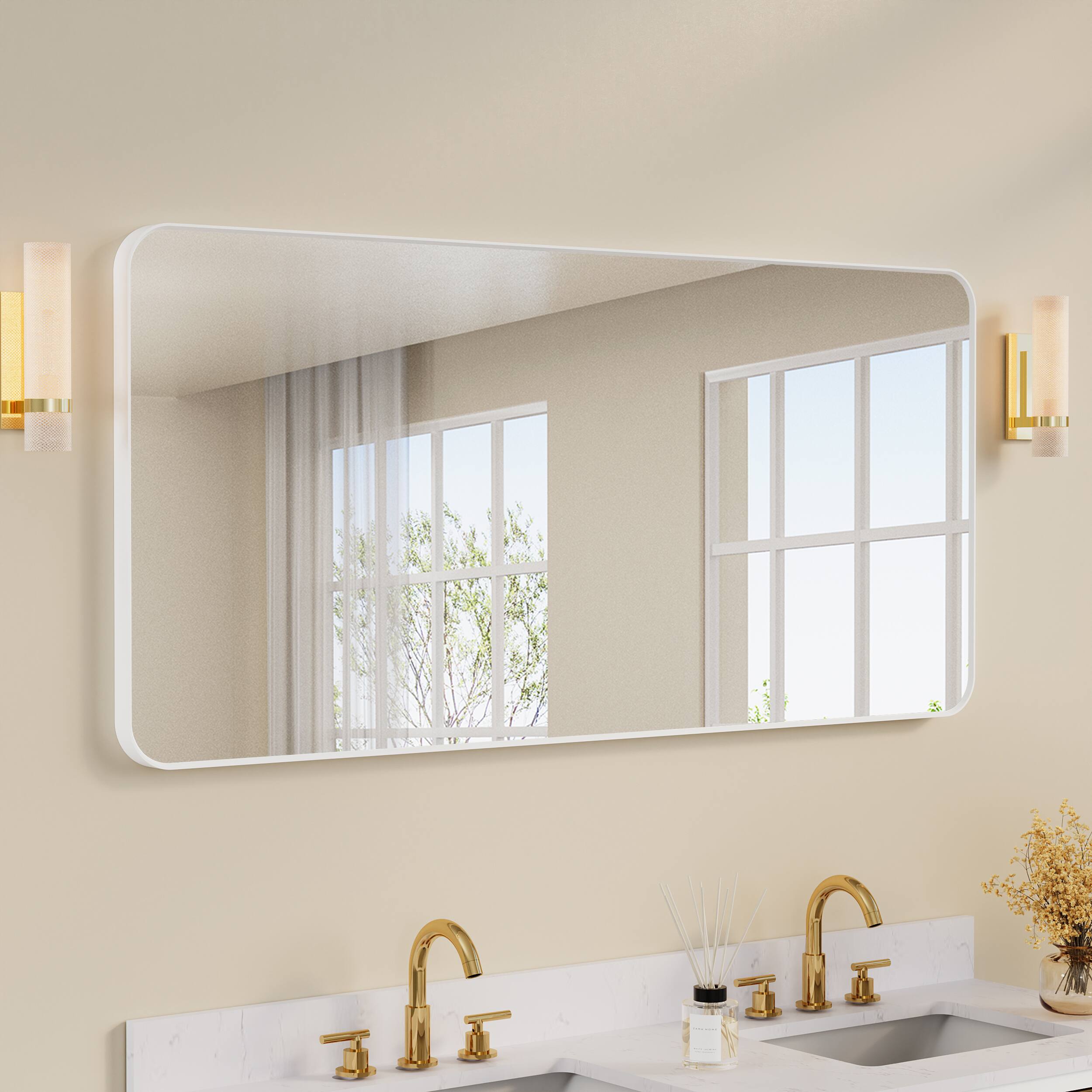 Angle. WELLFOR - 60 in. W. x 28 in. H Rectangular Aluminum Framed Wall-Mounted Bathroom Vanity Mirror - White.
