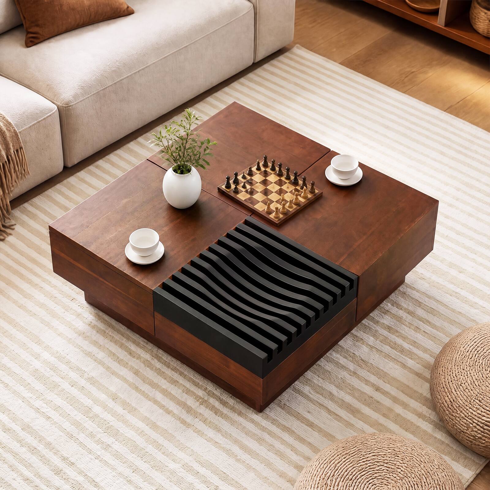 Alt View 5. Costway - Costway 32" Square Coffee Table with Storage Tray, Drawer, 2 Slide-open compartments - Walnut + Black.