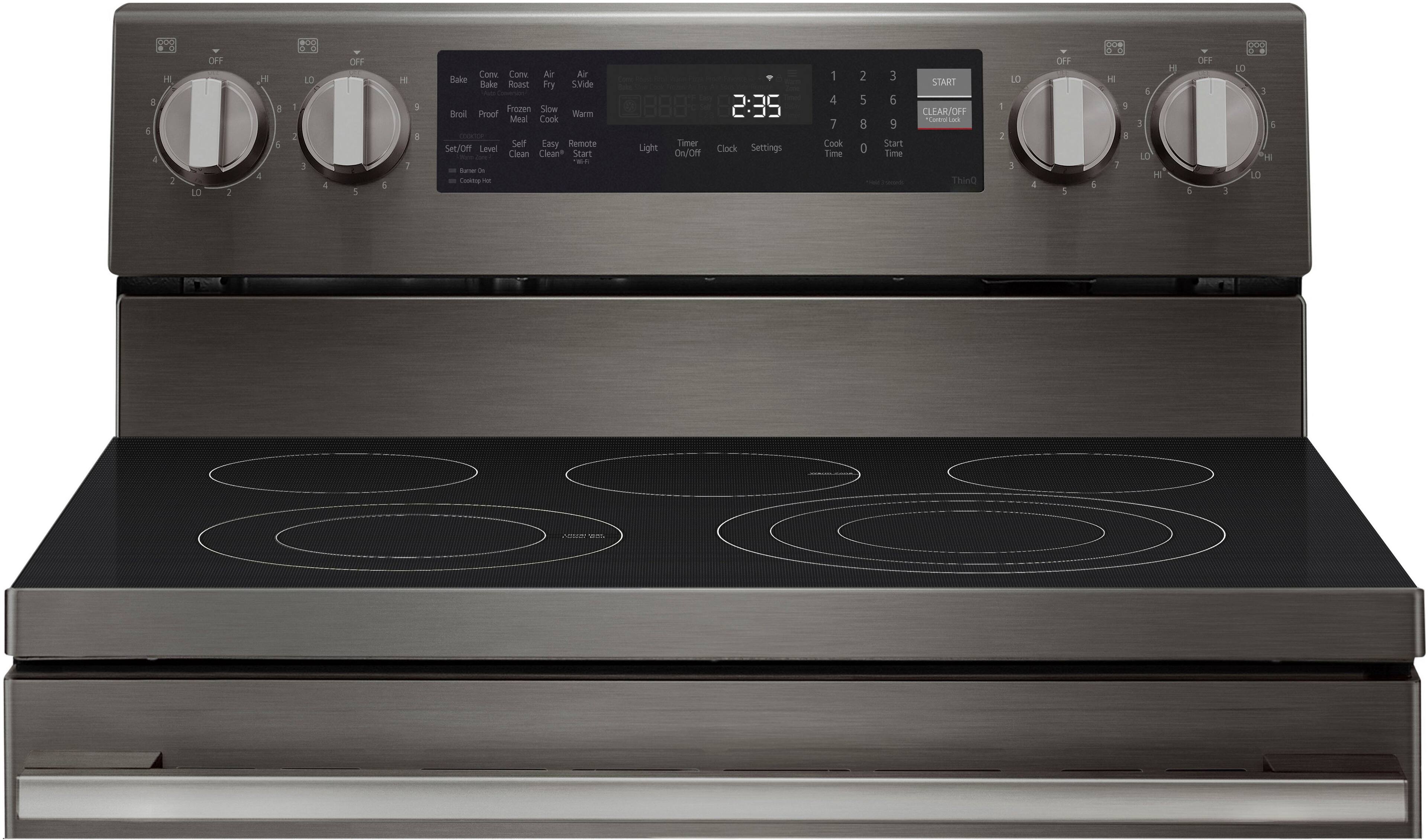 The text on the image reads:

00 d 3 6 4 H 2 OFF LO 2 H 4 E 5 1 2 LD 3 4 OFF 5 5 H 7 3 a Con Con Air Air Bake Bake Roast Fry %Vide uts - Frozen Slow Broil Proof Warm Meal Cook coocoe Self Casy Remote Set/Dff Level - - Clean Clean* Start  Same  Cookbog -   Light Timer On/Off 2:35 Clock Settings 1 4 7 Cook Time 2 5 8 0 3 START 6 CLEAR/OFF ma .os 9 Start Time - ThinD 1 2 LD 5 4 OFF 5 6 H 7 5 8 5 3 LO H 1 OFF 5 3 LO 3 2  LO