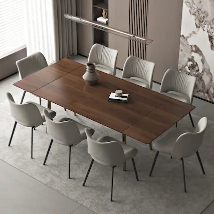 Front. luck idea - 94.4" Retractable Dining Table, Seats 8 - 10 People,Modern Mid-Century Kitchen Dinner Tables - Walnut Color.