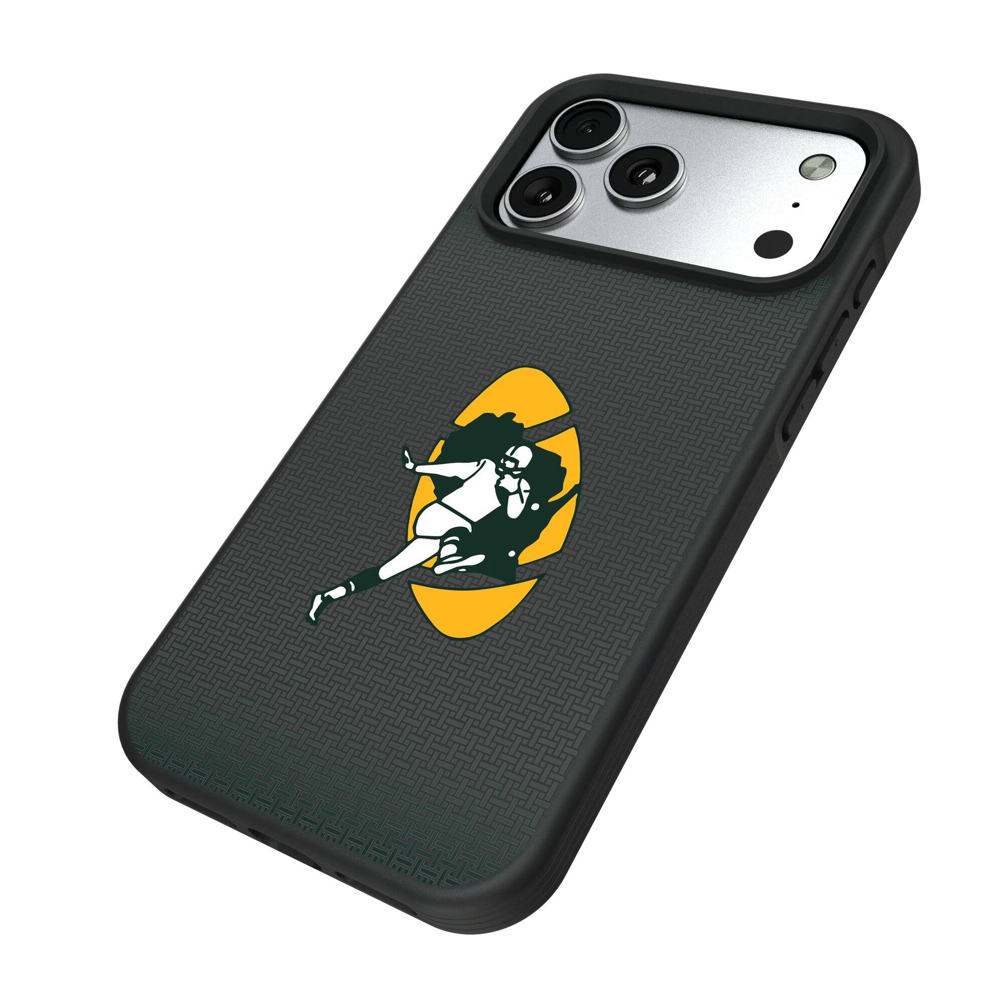 Alt View 1. Keyscaper - Green Bay Packers Linen Logo iPhone Bump Case - 15 Plus - Black.