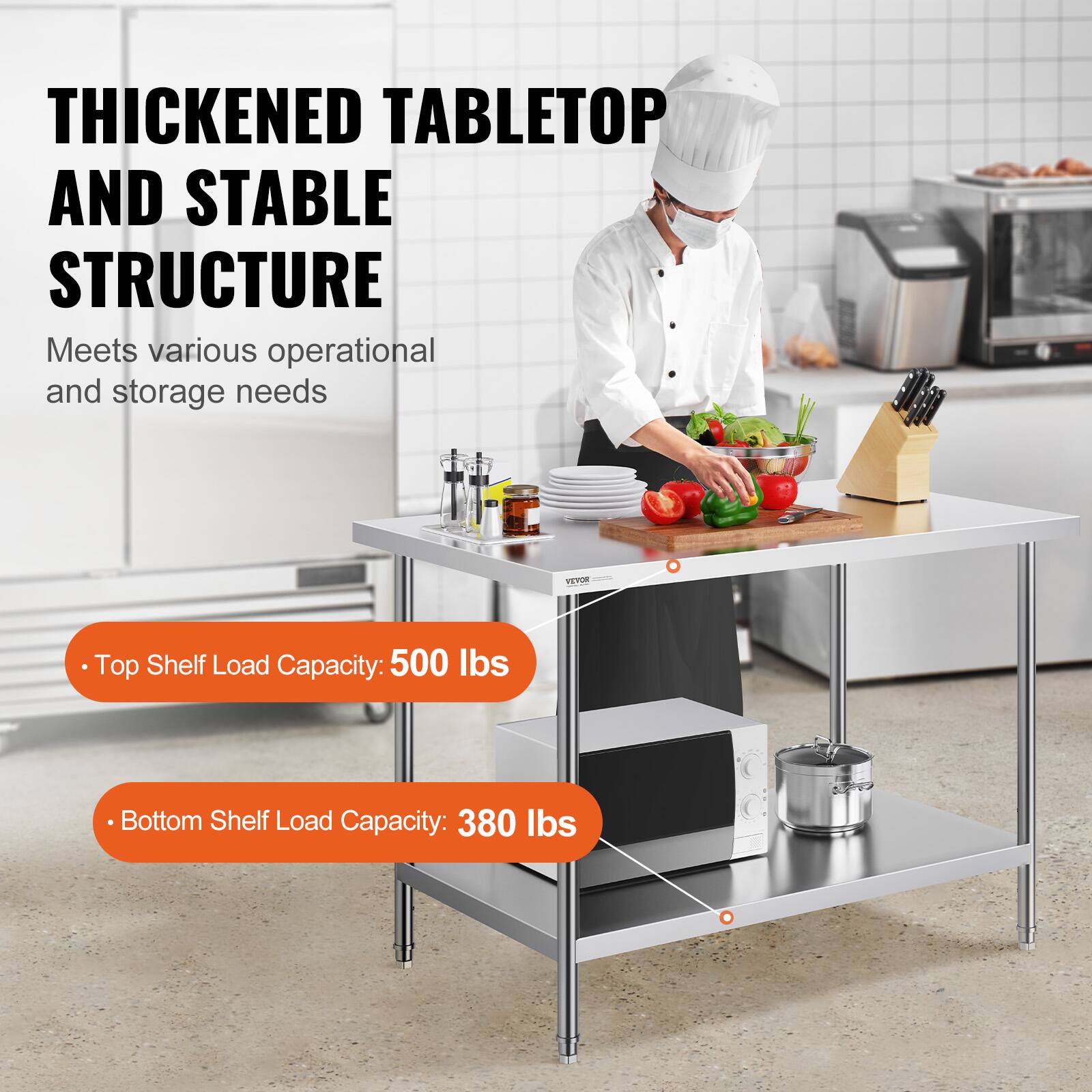 **Thickened Tabletop and Stable Structure**

Meets various operational and storage needs

- Top Shelf Load Capacity: 500 lbs
- Bottom Shelf Load Capacity: 380 lbs