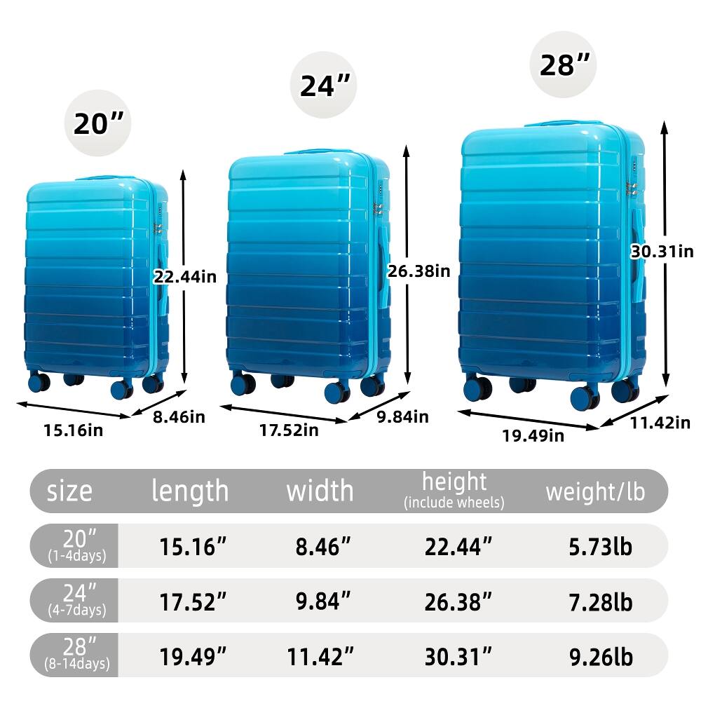 20"  
24"  
28"  
22.44in  
26.38in  
30.31in  
15.16in  
8.46in  
17.52in  
9.84in  
19.49in  
11.42in  
size 20" (1-4days)  
length 15.16"  
width 8.46"  
height weight/lb (include wheels) 22.44" 5.73lb  
24" (4-7days) 28" (8-14days)  
17.52" 19.49"  
9.84" 11.42"  
26.38" 30.31"  
7.28lb 9.26lb