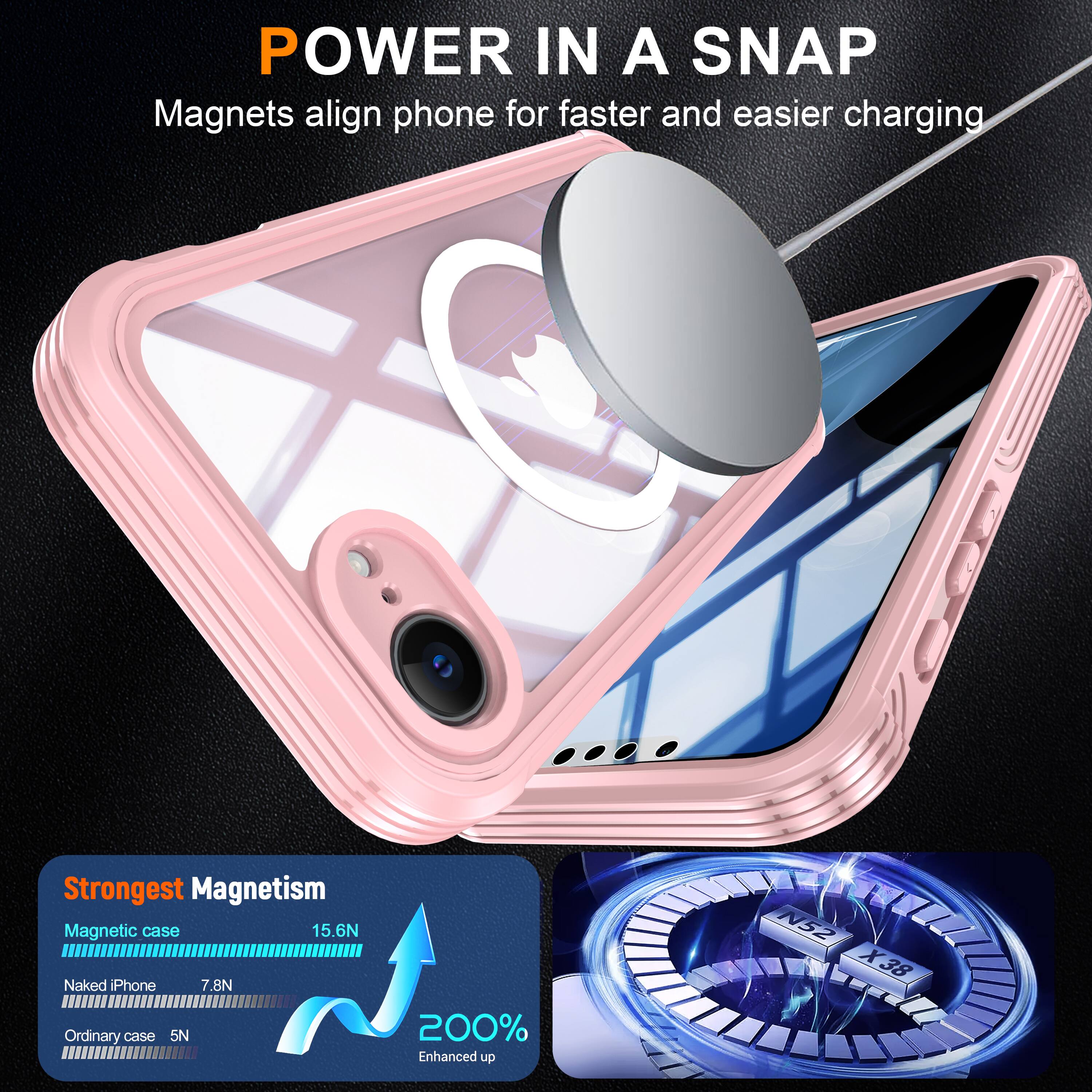 POWER IN A SNAP  
Magnets align phone for faster and easier charging  

Strongest Magnetism  
Magnetic case 15.6N  
Naked iPhone 7.8N  
Ordinary case 5N  

200% Enhanced up  
N52 X38