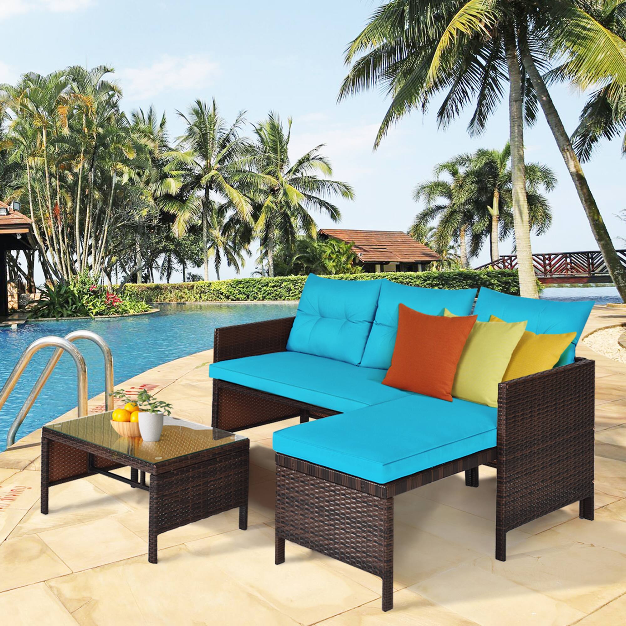 Alt View 4. Gymax - Gymax 3PCS Outdoor Rattan Furniture Set Patio Couch Sofa Set w/ Turquoise Cushion - as pic.