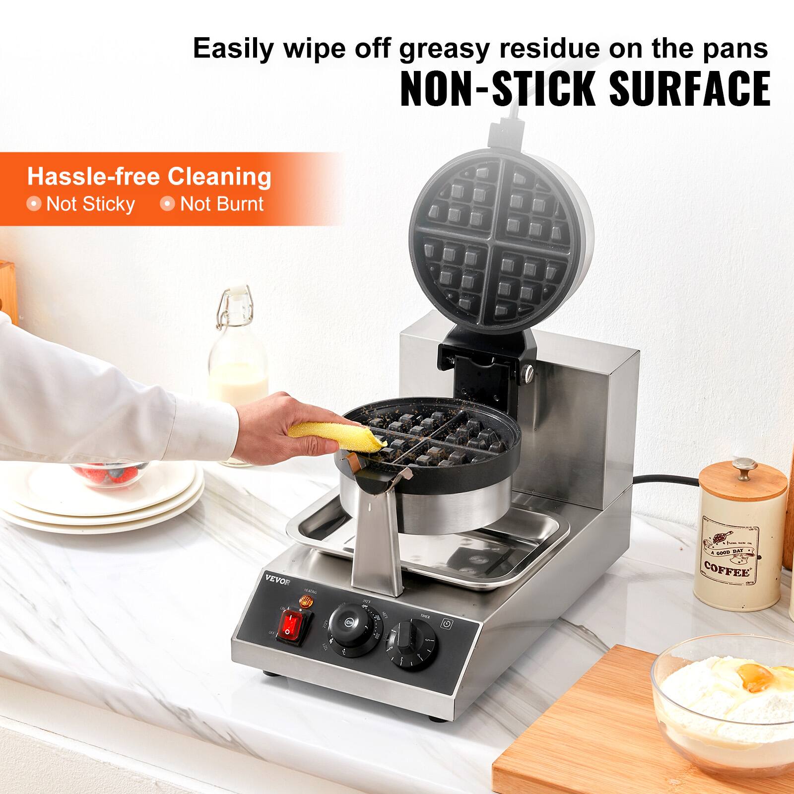 Easily wipe off greasy residue on the pans NON-STICK SURFACE

Hassle-free Cleaning
- Not Sticky
- Not Burnt

VEVOR

A GOOD DAY COFFEE