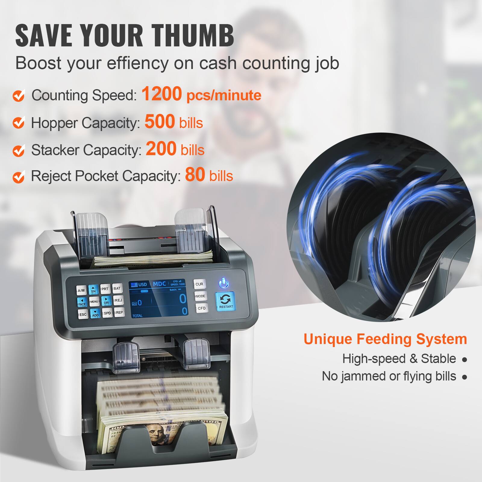 SAVE YOUR THUMB  
Boost your efficiency on cash counting job  

- Counting Speed: 1200 pcs/minute  
- Hopper Capacity: 500 bills  
- Stacker Capacity: 200 bills  
- Reject Pocket Capacity: 80 bills  

Unique Feeding System  
High-speed & Stable  
No jammed or flying bills