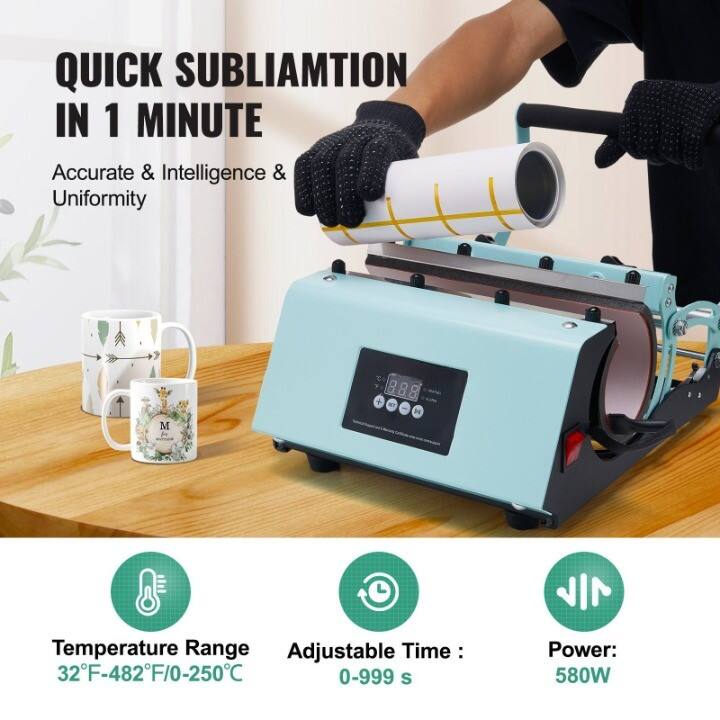 QUICK SUBLIMATION IN 1 MINUTE  
Accurate & Intelligence & Uniformity  

Temperature Range: 32°F-482°F/0-250°C  
Adjustable Time: 0-999 s  
Power: 580W