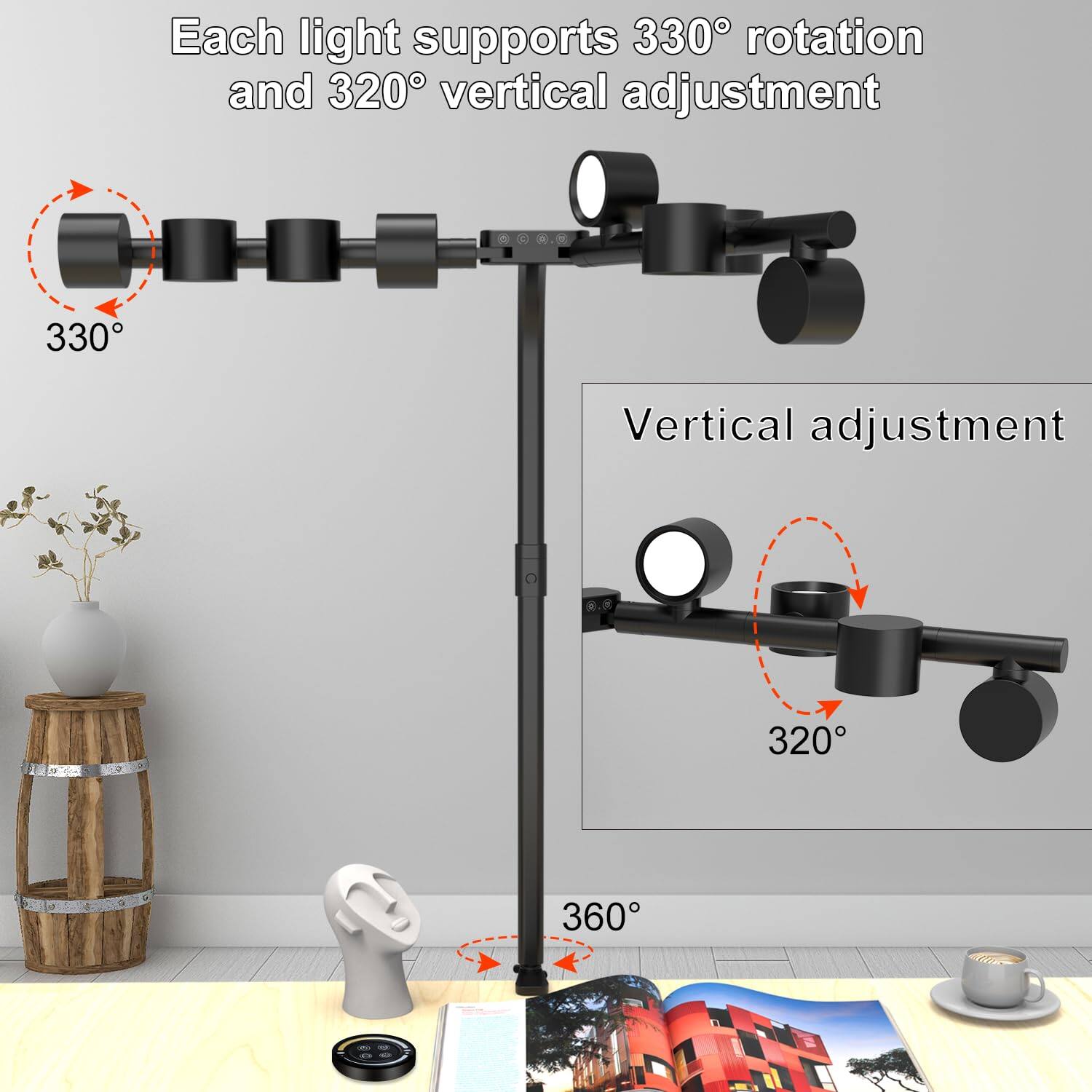 Each light supports 330° rotation and 320° vertical adjustment.

Vertical adjustment

330°

320°

360°