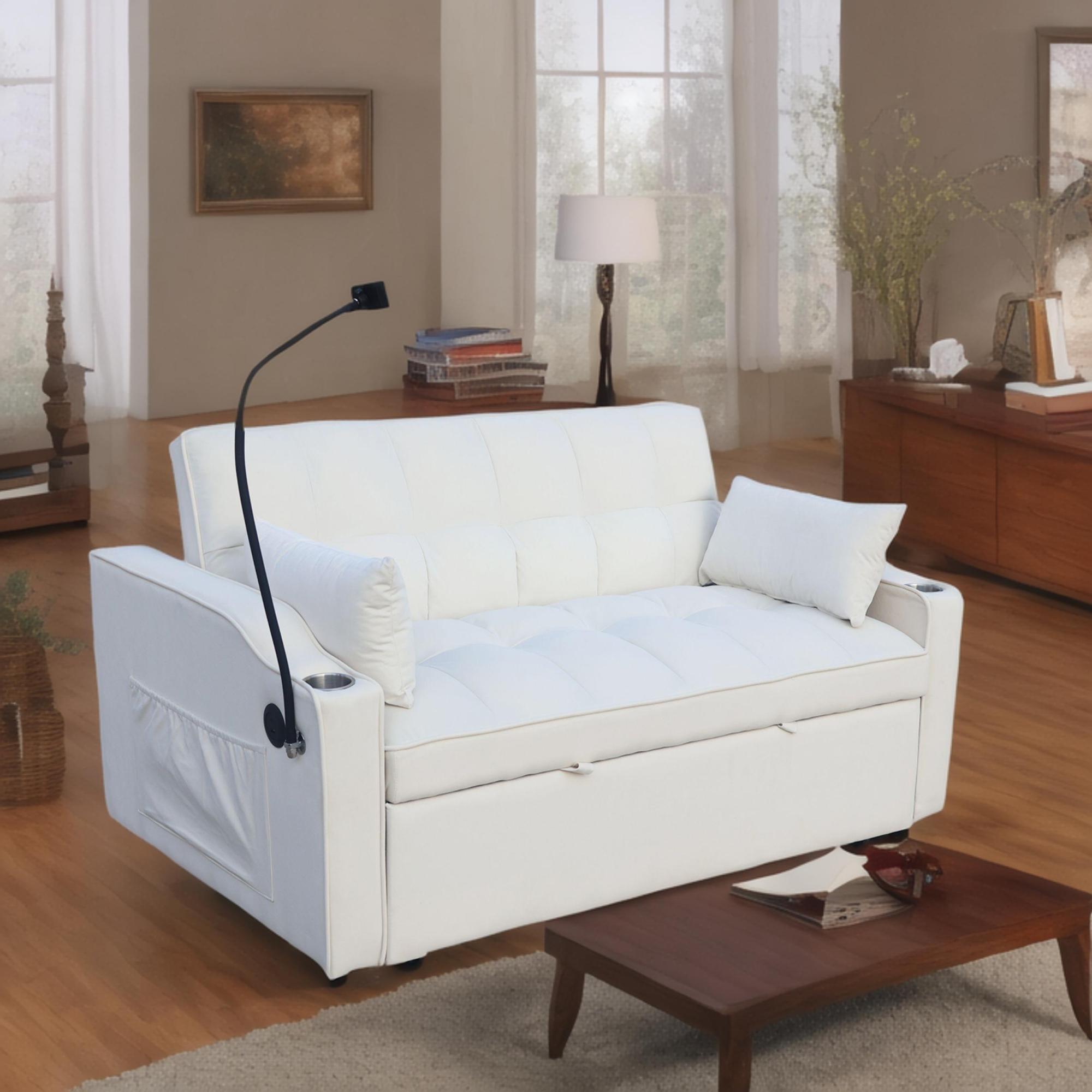 Left. GOODSILO - Convertible Velvet Sofa Bed with Adjustable Backrest, USB Ports, and Storage Pockets for Compact Living Spaces - Beige.