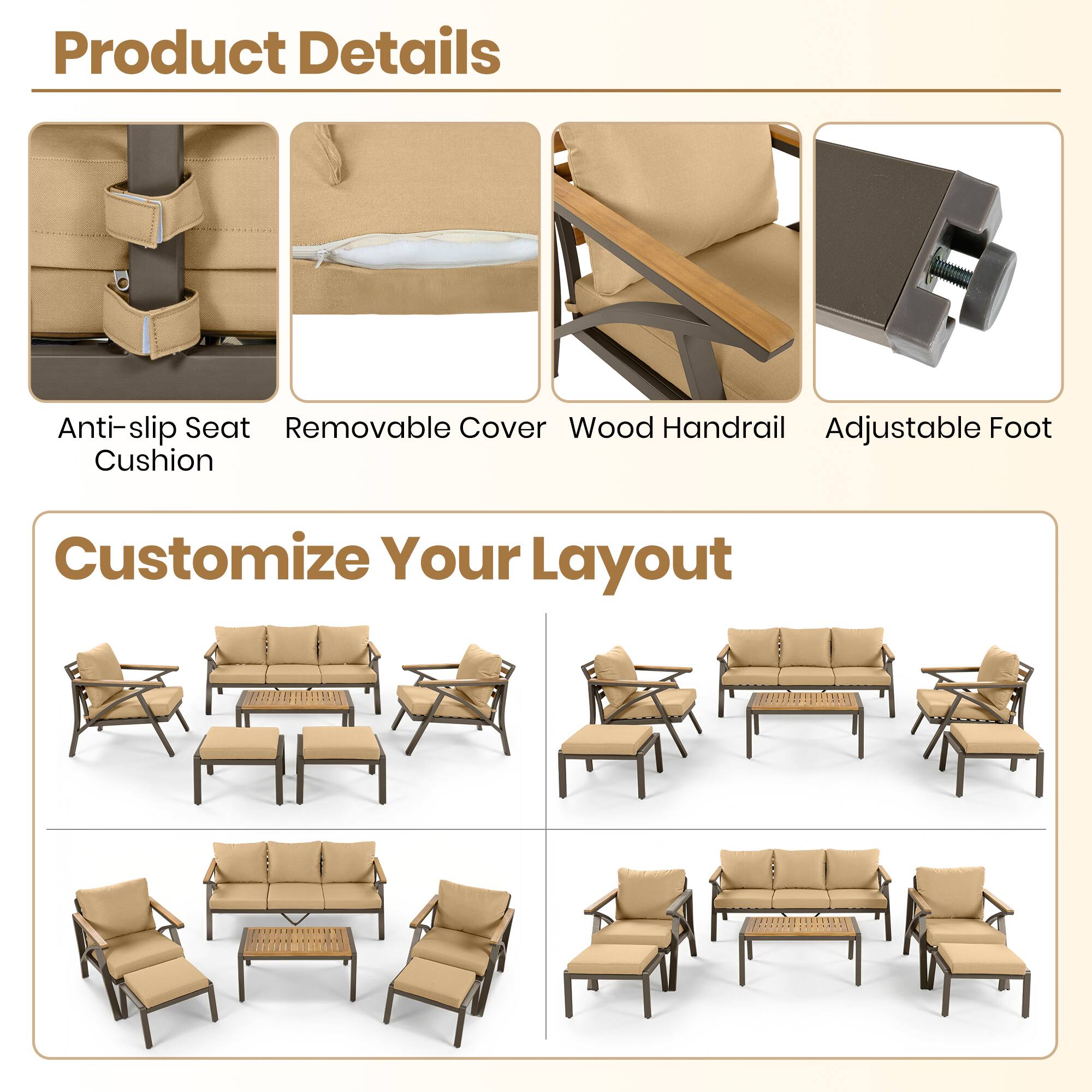 Product Details

- Anti-slip Seat Cushion
- Removable Cover
- Wood Handrail
- Adjustable Foot

Customize Your Layout