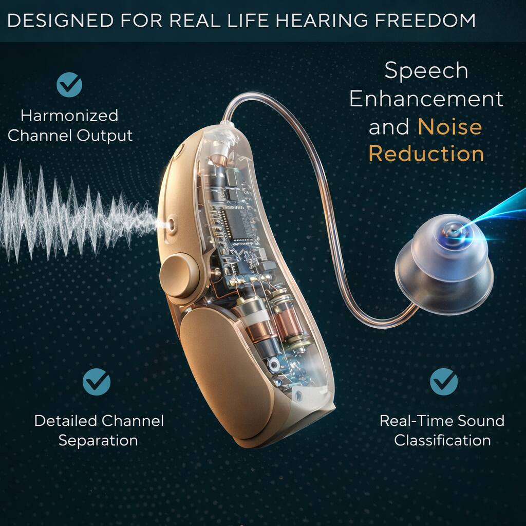 DESIGNED FOR REAL LIFE HEARING FREEDOM

- Harmonized Channel Output
- Detailed Channel Separation
- Speech Enhancement and Noise Reduction
- Real-Time Sound Classification