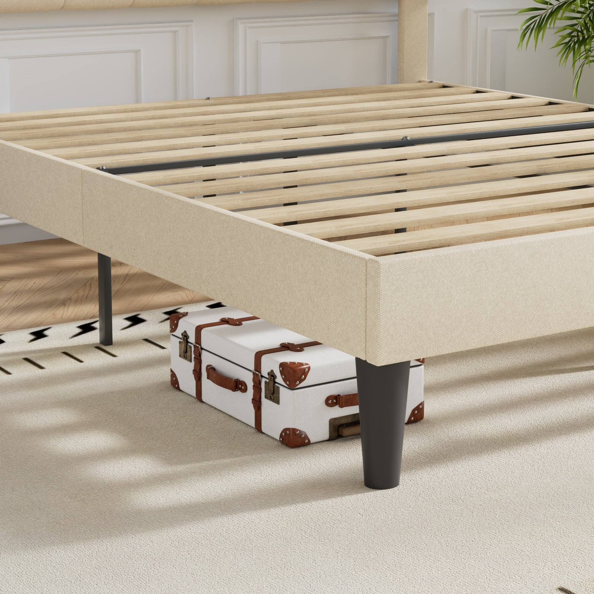 Left. Vecelo - Queen Upholstered Platform Bed Frame with Adjustable Tufted Headboard, Heavy-Duty Metal & Wood Slats, Noise-Free Design - Beige.