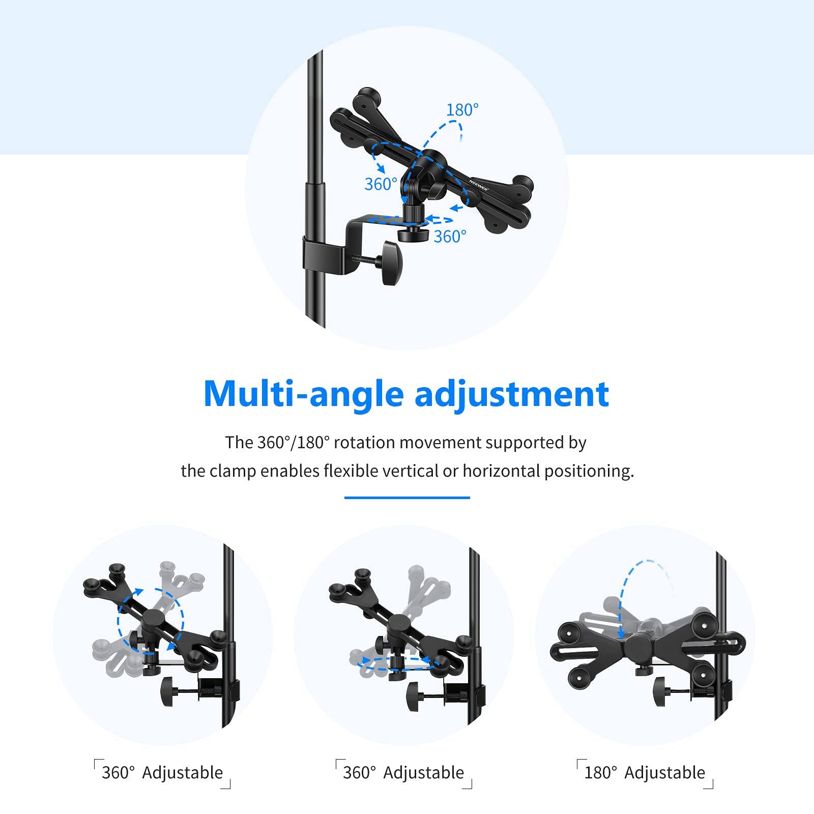 Multi-angle adjustment

The 360°/180° rotation movement supported by the clamp enables flexible vertical or horizontal positioning.

360° Adjustable
360° Adjustable
180° Adjustable