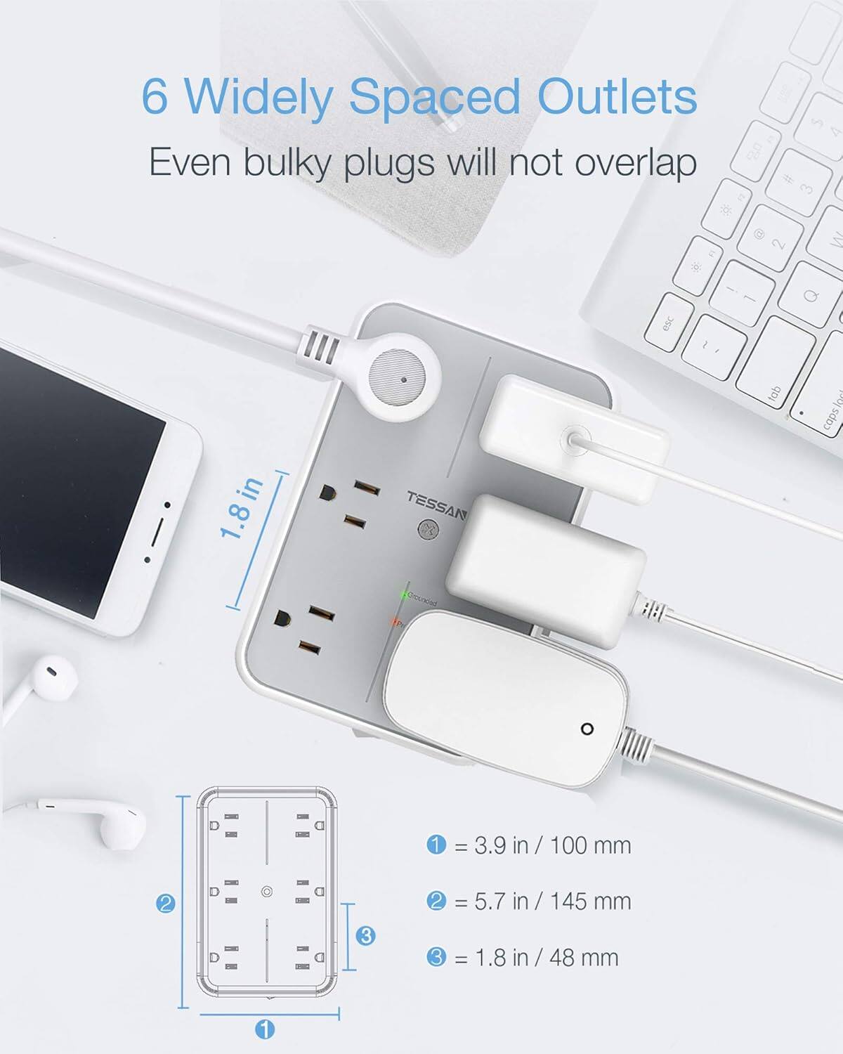 6 Widely Spaced Outlets  
Even bulky plugs will not overlap  

1 = 3.9 in / 100 mm  
2 = 5.7 in / 145 mm  
3 = 1.8 in / 48 mm  

1.8 in