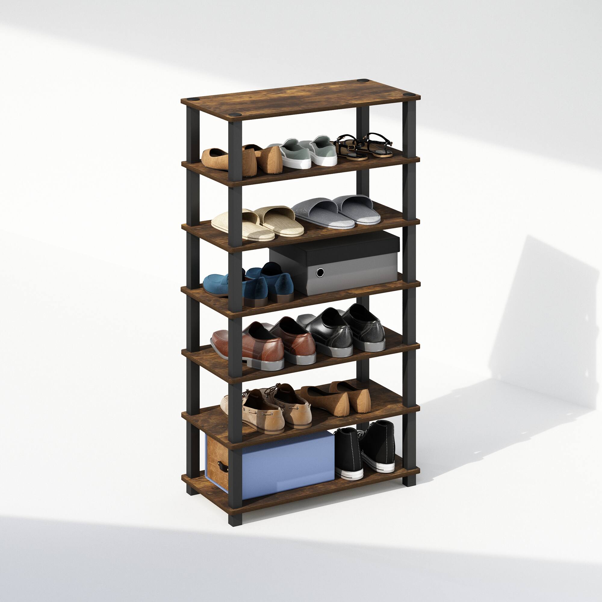 Alt View 3. Furinno - Turn-S-Tube 4-Tier Multipurpose Shoe Rack, Set of 2 - Amber Pine/Black.