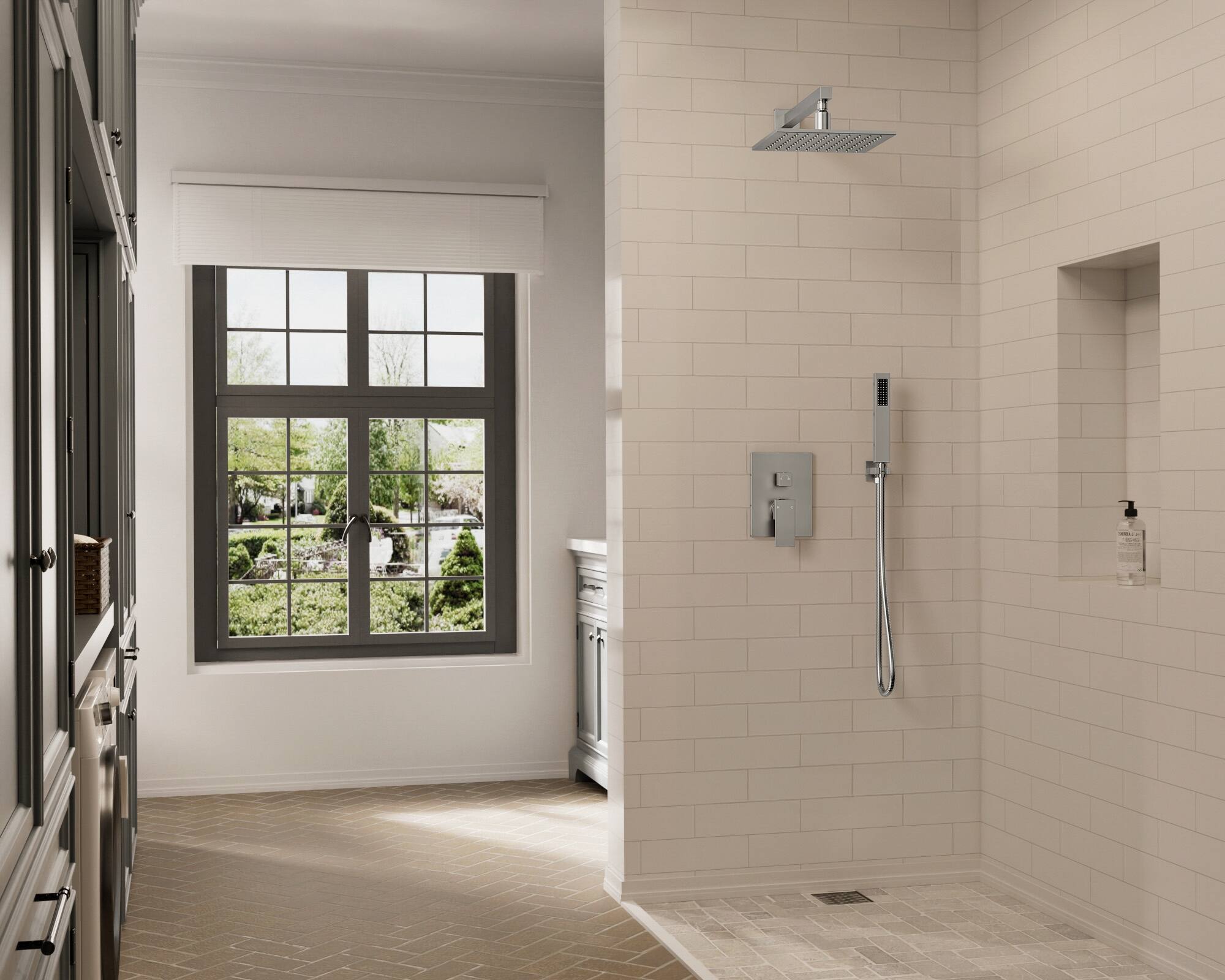 Left. GRANDJOY - LED Rainfall Dual Function Shower System with Pressure Balance Valve - Brushed Nickel.