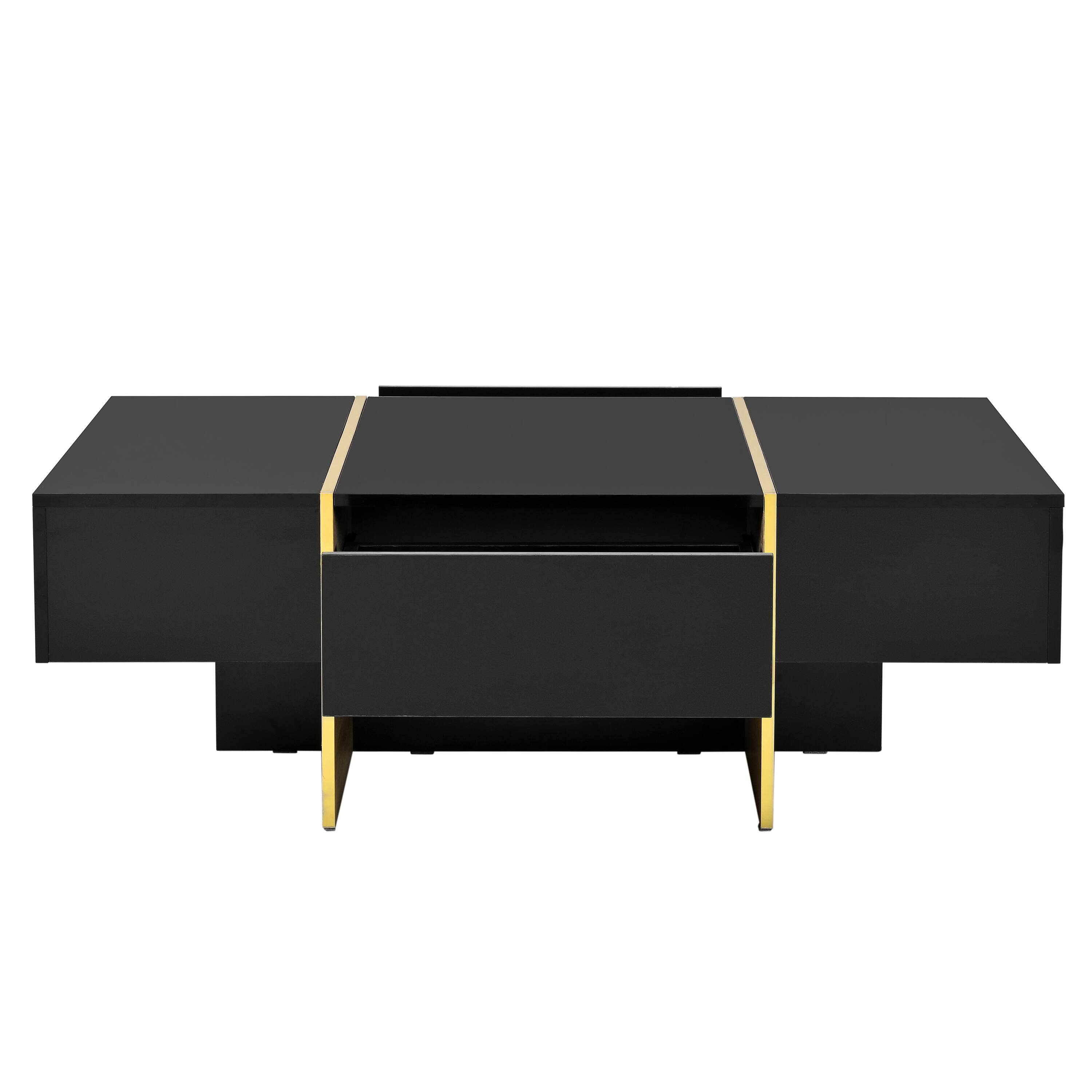 Alt View 5. Tiramisubest - Minimalist High Gloss Coffee Table with 2 Drawers,Multi-Storage Rectangle Sofa Table with Golden Wood Grain Legs,Black - Black.