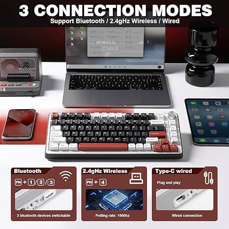 3 CONNECTION MODES: Support Bluetooth, 2.4GHz Wireless, Wired. 

Bluetooth: 2.4GHz Wireless, Plug and play. 3 Bluetooth devices switchable. Polling rate: 1000Hz. Wired connection.