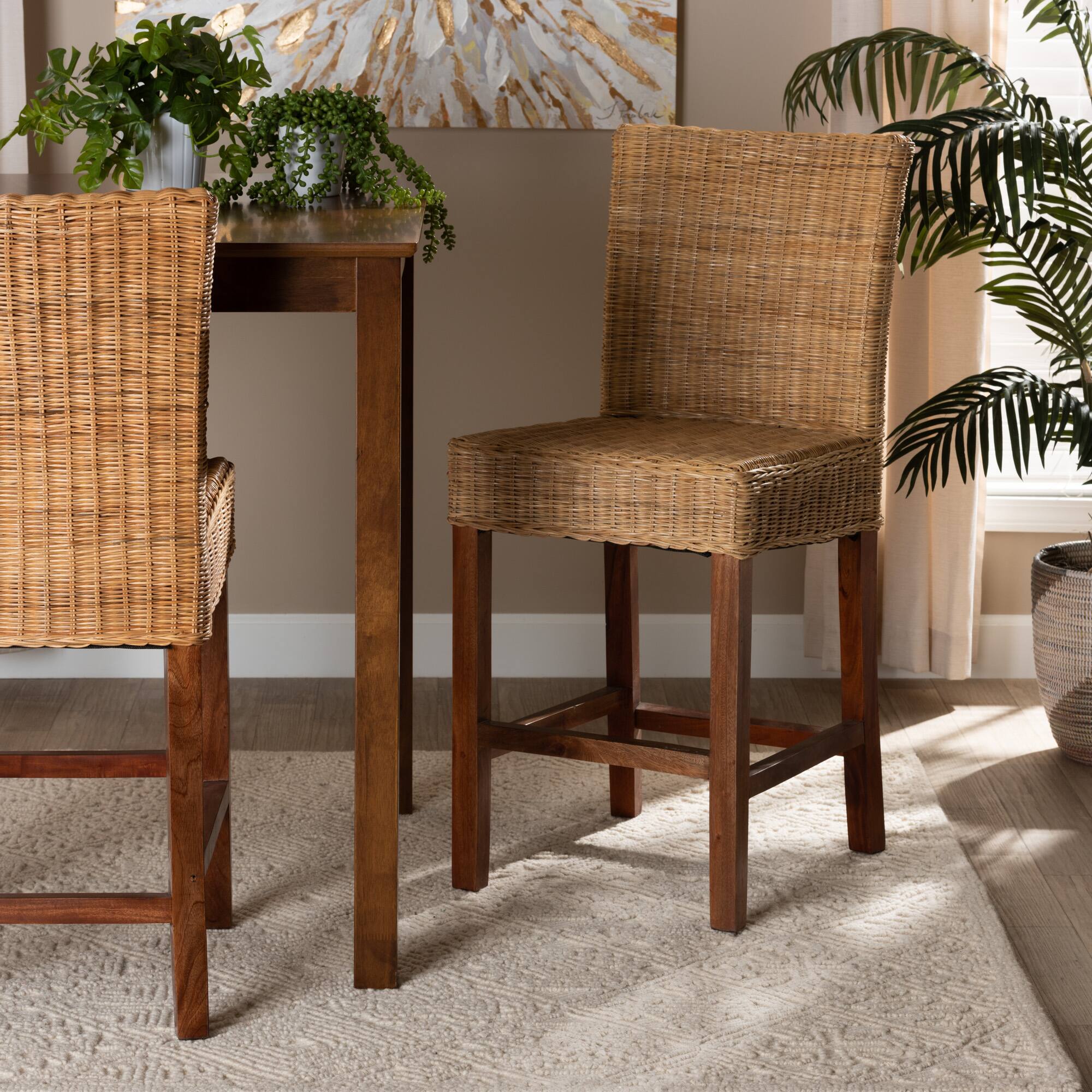 Alt View 4. bali & pari - Racquel Modern Bohemian Natural Rattan and Mahogany Wood Counter Stool - Natural Brown/Walnut Brown.