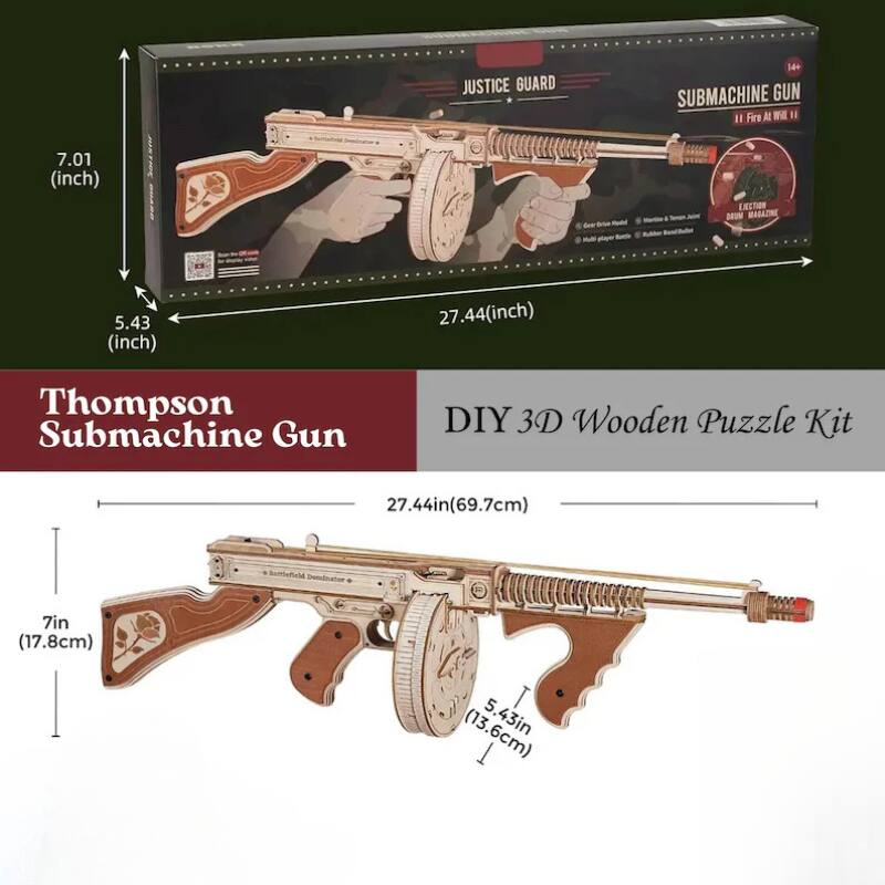JUSTICE GUARD  
14+ SUBMACHINE GUN "Fire At Will"  
7.01 (inch)  
Model  
EJECTION MAGAZINE  
5.43 (inch)  
27.44 (inch)  
Thompson Submachine Gun  
DIY 3D Wooden Puzzle Kit  
27.44in (69.7cm)  
Bumletteld Deminater  
7in (17.8cm)  
5.43in (13.6cm)