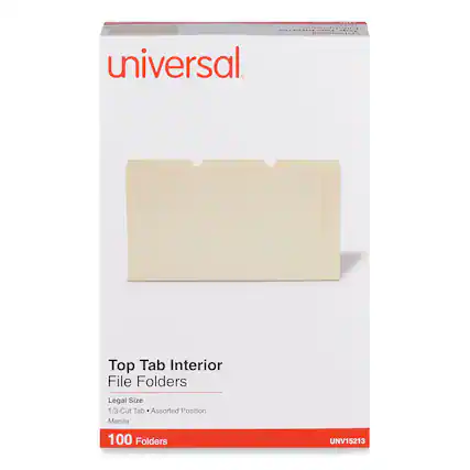 - Universal
- Top Tab Interior File Folders
- Legal Size
- 1/3-Cut Tab
- Assorted Position
- Manila
- 100 Folders
- UNV15213