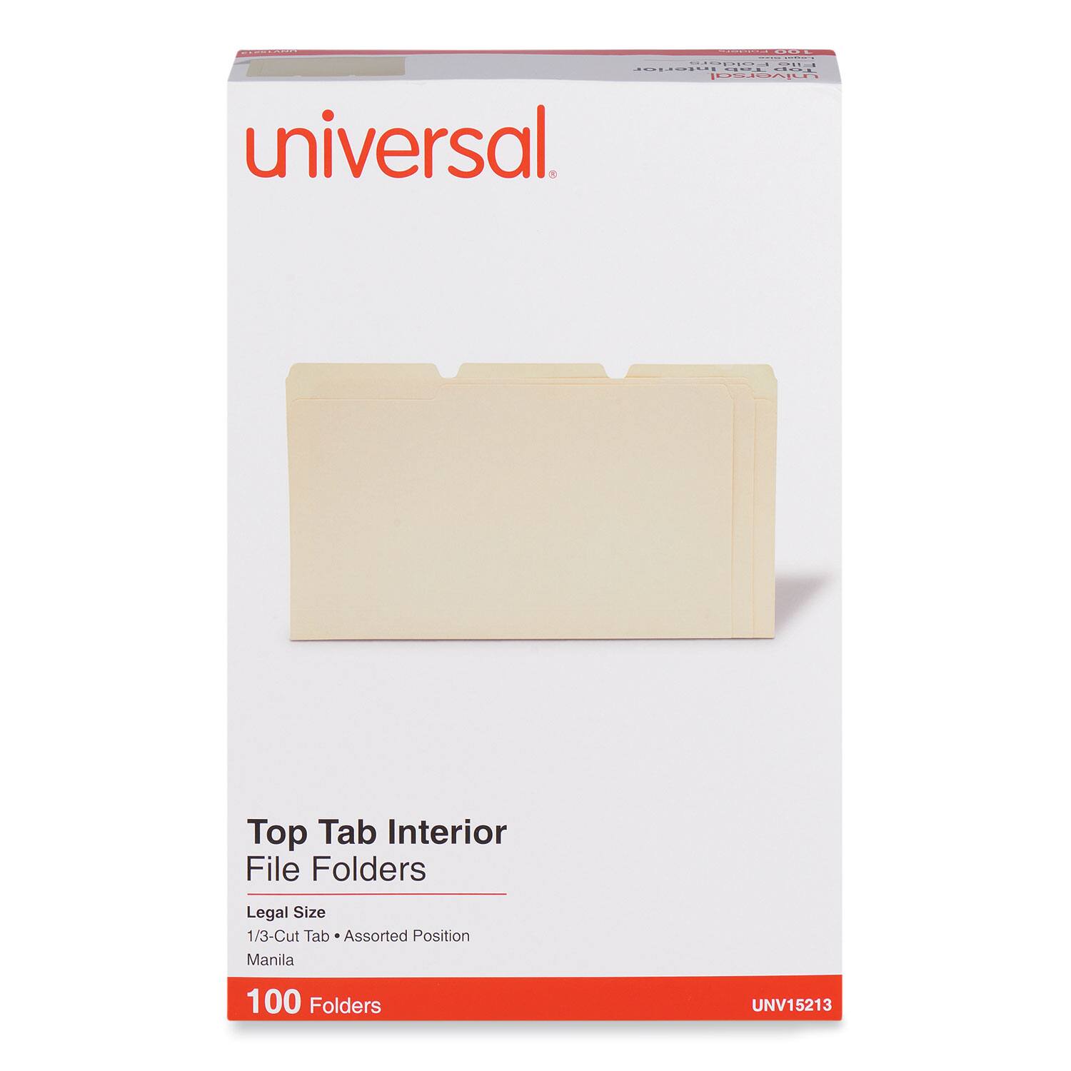 - Universal
- Top Tab Interior File Folders
- Legal Size
- 1/3-Cut Tab
- Assorted Position
- Manila
- 100 Folders
- UNV15213