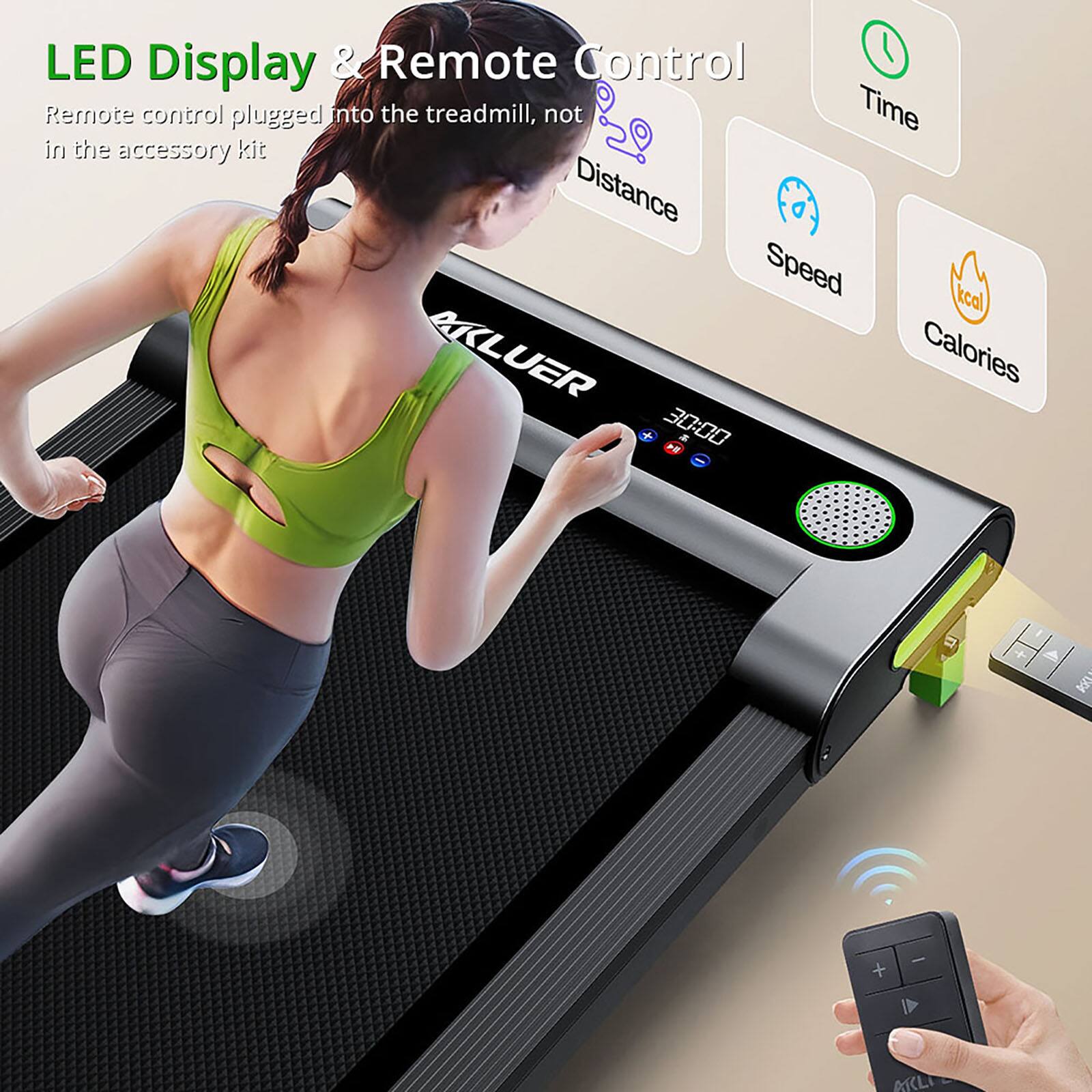 LED & Remote Control 1 Display Remote control plugged into the treadmill, not Time in the accessory kit Distance Speed kcal KLUER Calories + 30:00 + a k + - ARLIER