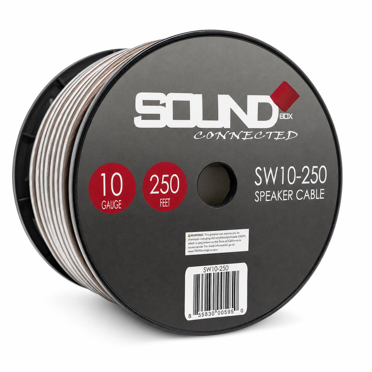 SOUND BOX CONNECTED  
10 GAUGE  
250 FEET  
SW10-250 SPEAKER CABLE  

WARNING: This product can expose you to chemicals including Di(2-ethylhexyl)phthalate (DEHP), which is known to the State of California to cause cancer. For more information go to www.P65Warnings.ca.gov.  

SW10-250  
00595 0 8 55830