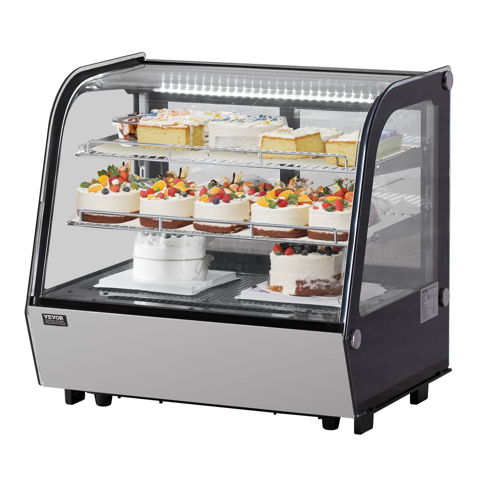 Front. VEVOR - Refrigerated Display Case, 4.2 Cu.Ft./115L Countertop Pastry Display Case, 2-Tier Commercial Display Refrigerator - Silver.