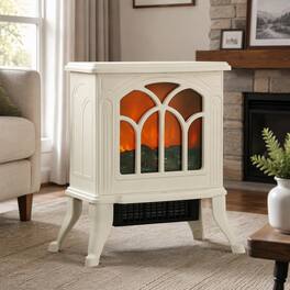 RYHNUYNE - 17-Inch Freestanding Electric Fireplace Stove with Realistic Logs, 750W/1500W Adjustable Heat, Overheat - Beige