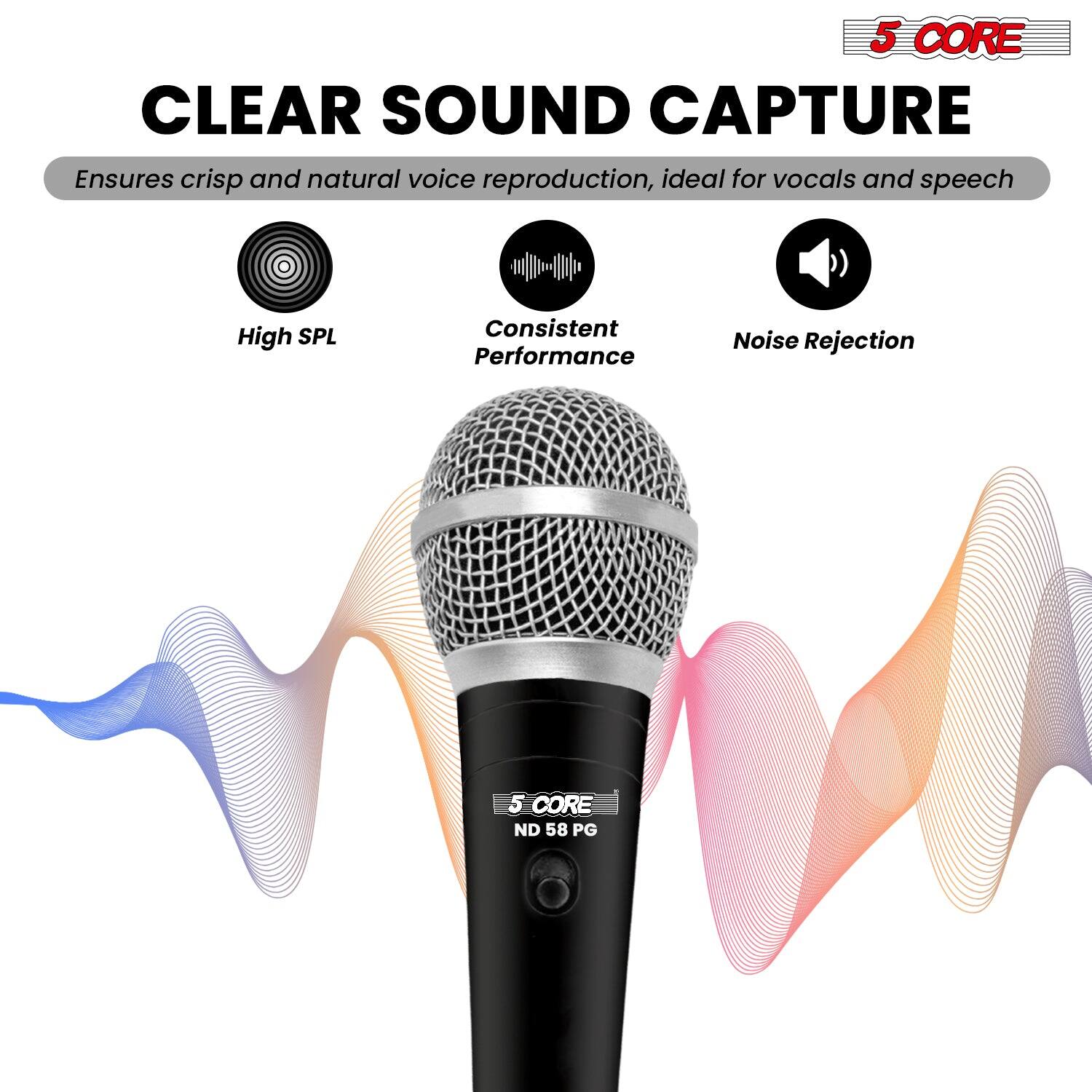 5 CORE CLEAR SOUND CAPTURE  
Ensures crisp and natural voice reproduction, ideal for vocals and speech  
- High SPL  
- Consistent Performance  
- Noise Rejection  

5 CORE ND 58 PG