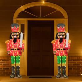 BreeBe - Set of 2 – 5FT Lighted Outdoor Christmas Nutcracker Decorations with Sparkling Glitter Swords - Multicolor