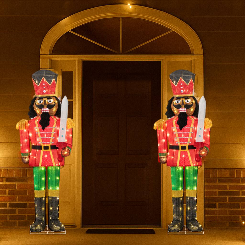 Front. BreeBe - Set of 2 – 5FT Lighted Outdoor Christmas Nutcracker Decorations with Sparkling Glitter Swords - Multicolor.