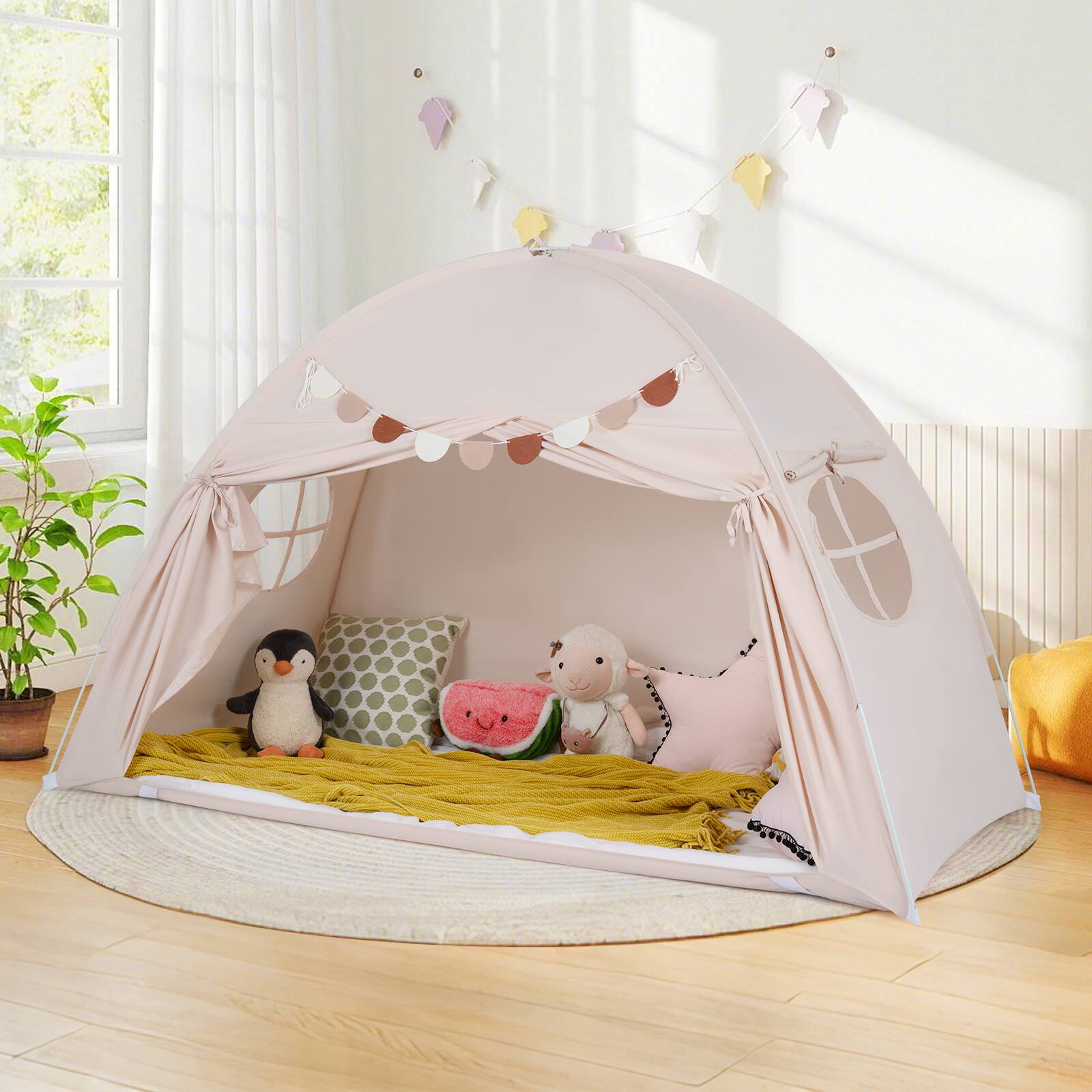 Alt View 1. Gymax - Gymax Twin Full Size Bed Tent w/2 Windows Flags for Boys & Girls Aged 3+ Years Old Beige - Beige.