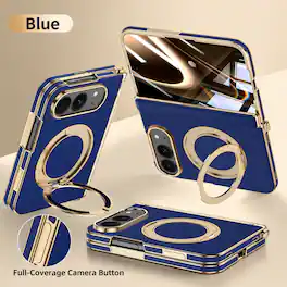 Dteck - Magnetic Case for iPhone Duo Built-in Screen Protector, Ring Kickstand Luxury Leather Plating Edge Cover With Hinge - Blue