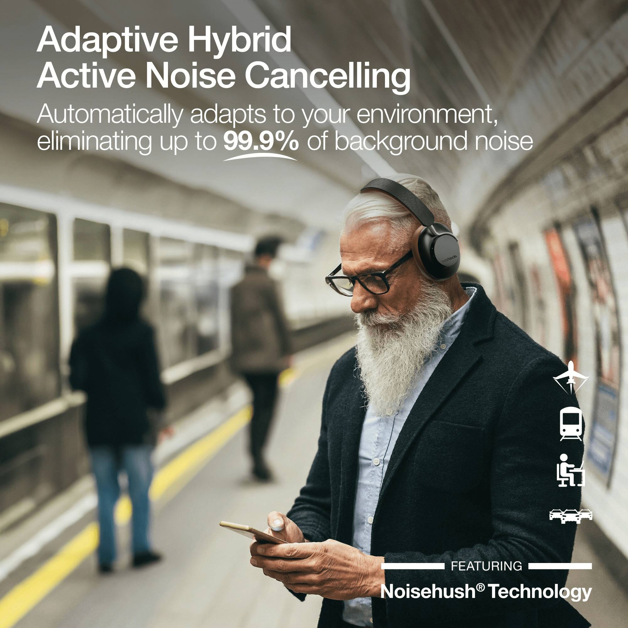 Adaptive Hybrid Active Noise Cancelling  
Automatically adapts to your environment, eliminating up to 99.9% of background noise  

FEATURING  
Noisehush® Technology