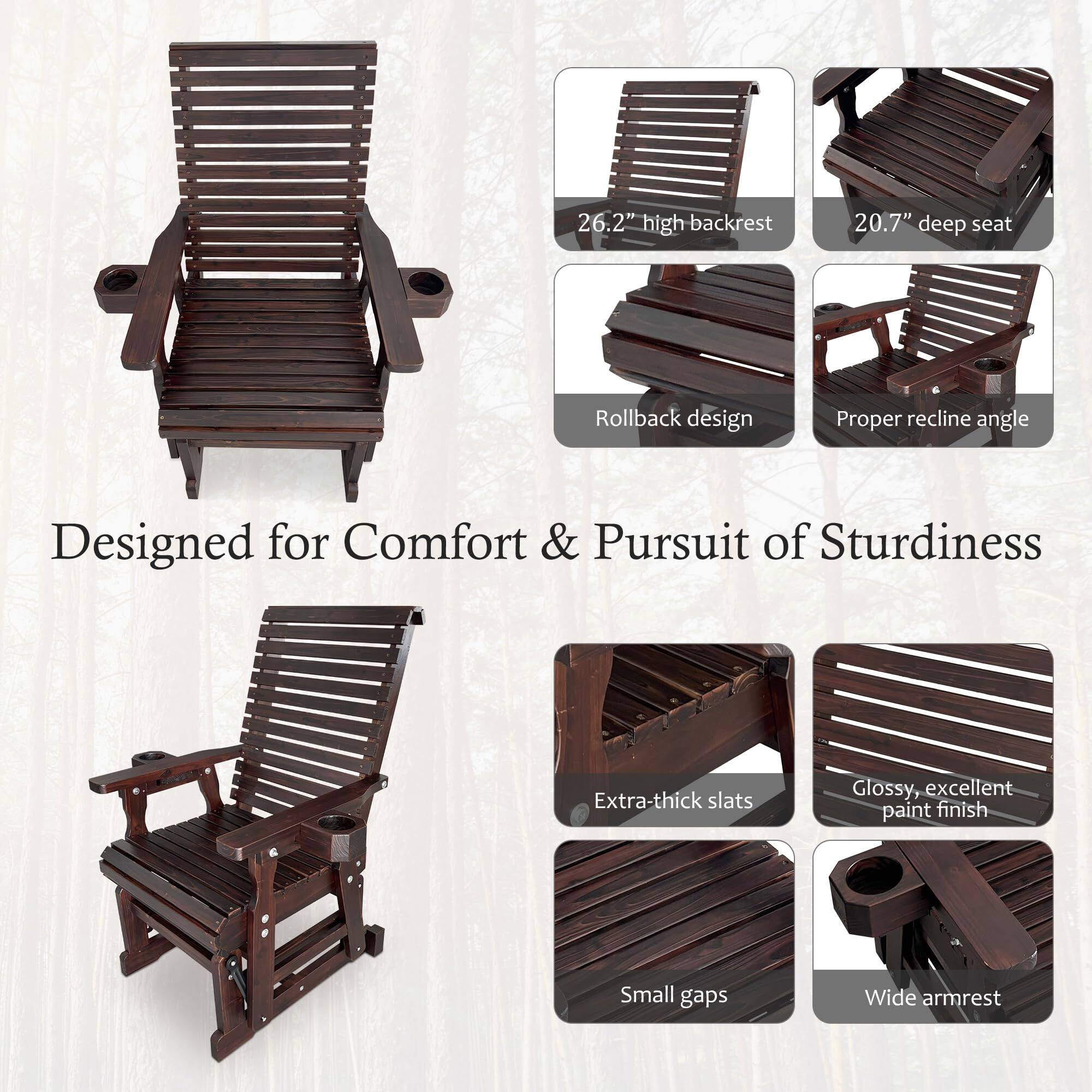 26.2" high backrest  
20.7" deep seat  
Rollback design  
Proper recline angle  

Designed for Comfort & Pursuit of Sturdiness  

Extra-thick slats  
Glossy, excellent paint finish  
Small gaps  
Wide armrest