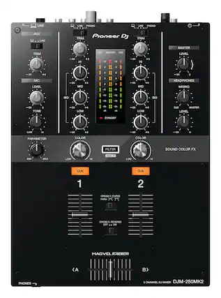 USB
LINE PHONO
AUX
LINE
TRIM
MIC LEVEL
TONE
LOW
HI
PARAMETER
MIN
MAX
LOW
HI
COLOR
FILTER
WAKE UP
CUE 1
CROSS F. CURVE
CROSS F. REVERSE
OFF
ON
MAGVEL FADER
PHONES
LINE PHONO
TRIM
CH1
MASTER
CUIP
CH2
MASTER LEVEL
HEADPHONES
MIXING
CUE LEVEL
CUE
MASTER
COLOR
SOUND COLOR FX
CUE 2
2 CHANNEL DJ MIXER
DJM-250MK2
