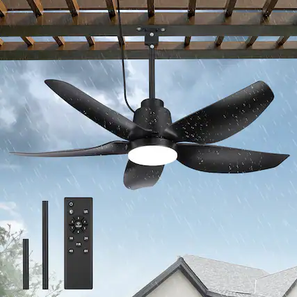 Front. Breezary - 42-In Outdoor Waterproof LED Ceiling Fan with Light, ABS Blades, Remote Control, DC Motor, 6" & 10" Downrods - matte black.