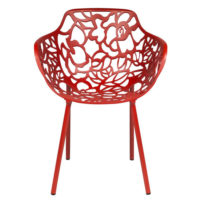 Left. LeisureMod - Devon Stackable Aluminum Dining Chair with Floral Cutout Design Side Chair for Indoor Outdoor - Red.