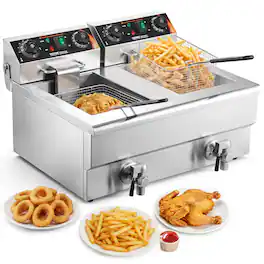 VEVOR - Commercial Deep Fryer, Dual Tank 3000W Electric Countertop Fryer with Basket, 2 x 11.6Qt/11L Double Stainless Steel Oil - Silver;Black