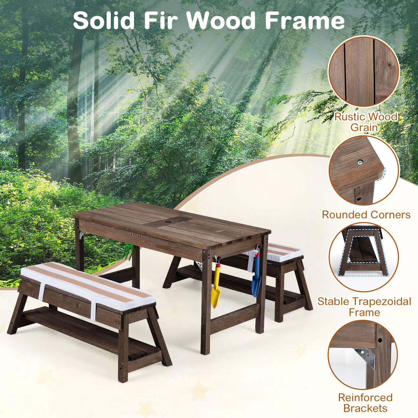 Solid Fir Wood Frame  
Rustic Wood Grain  
Rounded Corners  
Stable Trapezoidal Frame  
Reinforced Brackets
