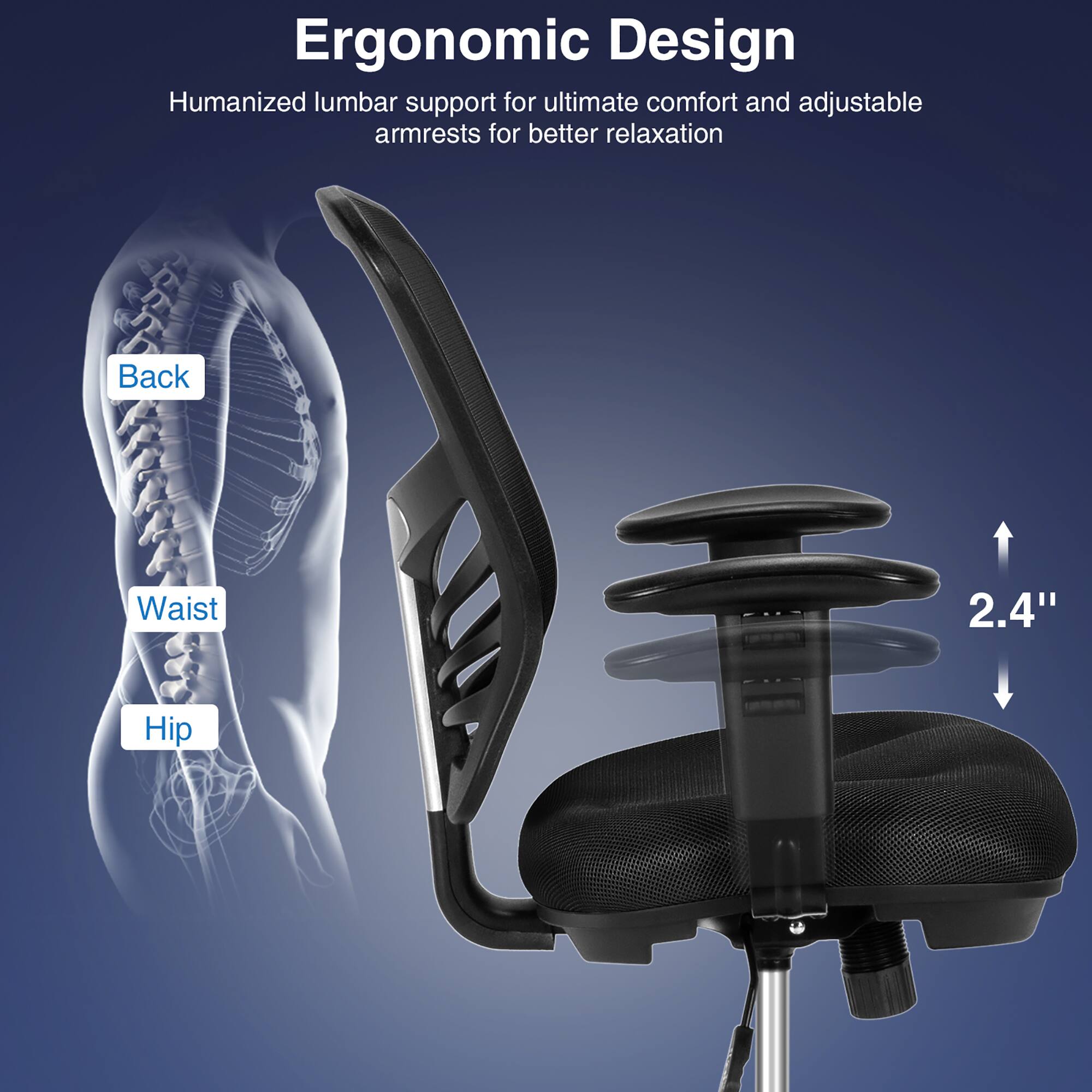 Ergonomic Design: Humanized lumbar support for ultimate comfort and adjustable armrests for better relaxation.