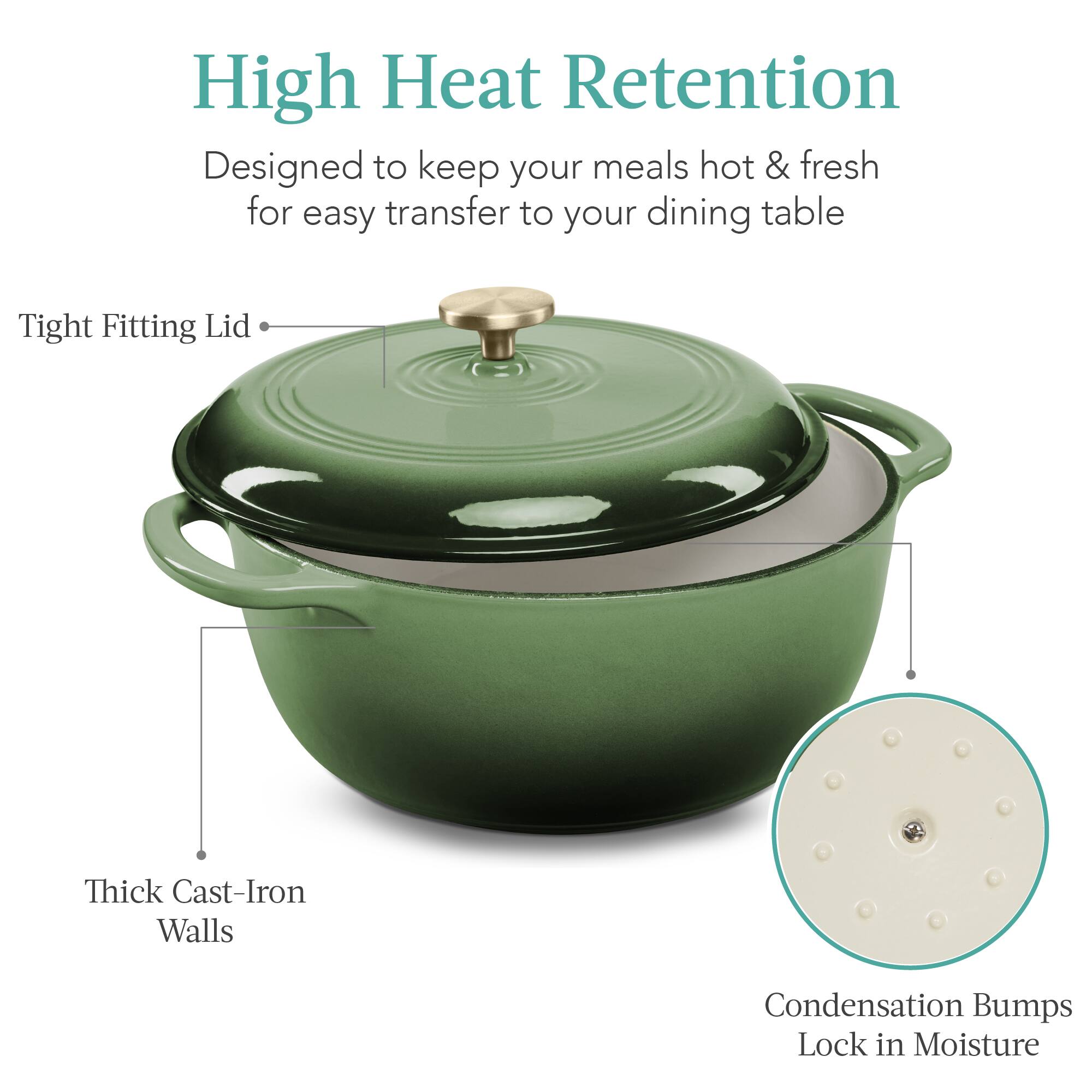 High Heat Retention  
Designed to keep your meals hot & fresh for easy transfer to your dining table  

- Tight Fitting Lid  
- Thick Cast-Iron Walls  
- Condensation Bumps Lock in Moisture