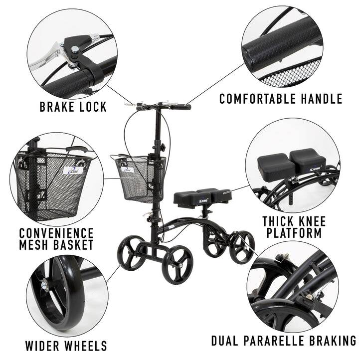 - BRAKE LOCK
- COMFORTABLE HANDLE
- CONVENIENCE MESH BASKET
- WIDER WHEELS
- THICK KNEE PLATFORM
- DUAL PARALLEL BRAKING