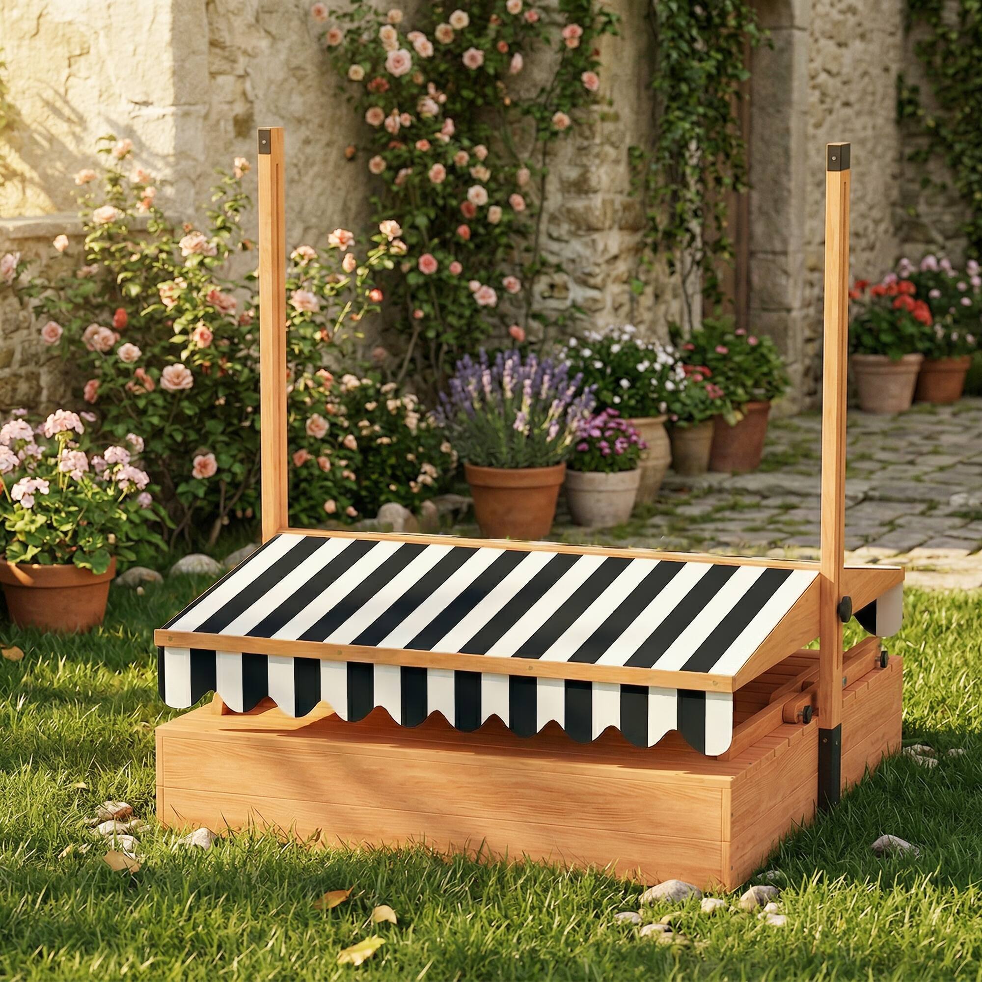 Alt View 8. Qaba - Sandbox with Lid, Wooden Sand Pit with Canopy, Foldable Picnic Table, Bench Seats, Bottom Liner - Brown.